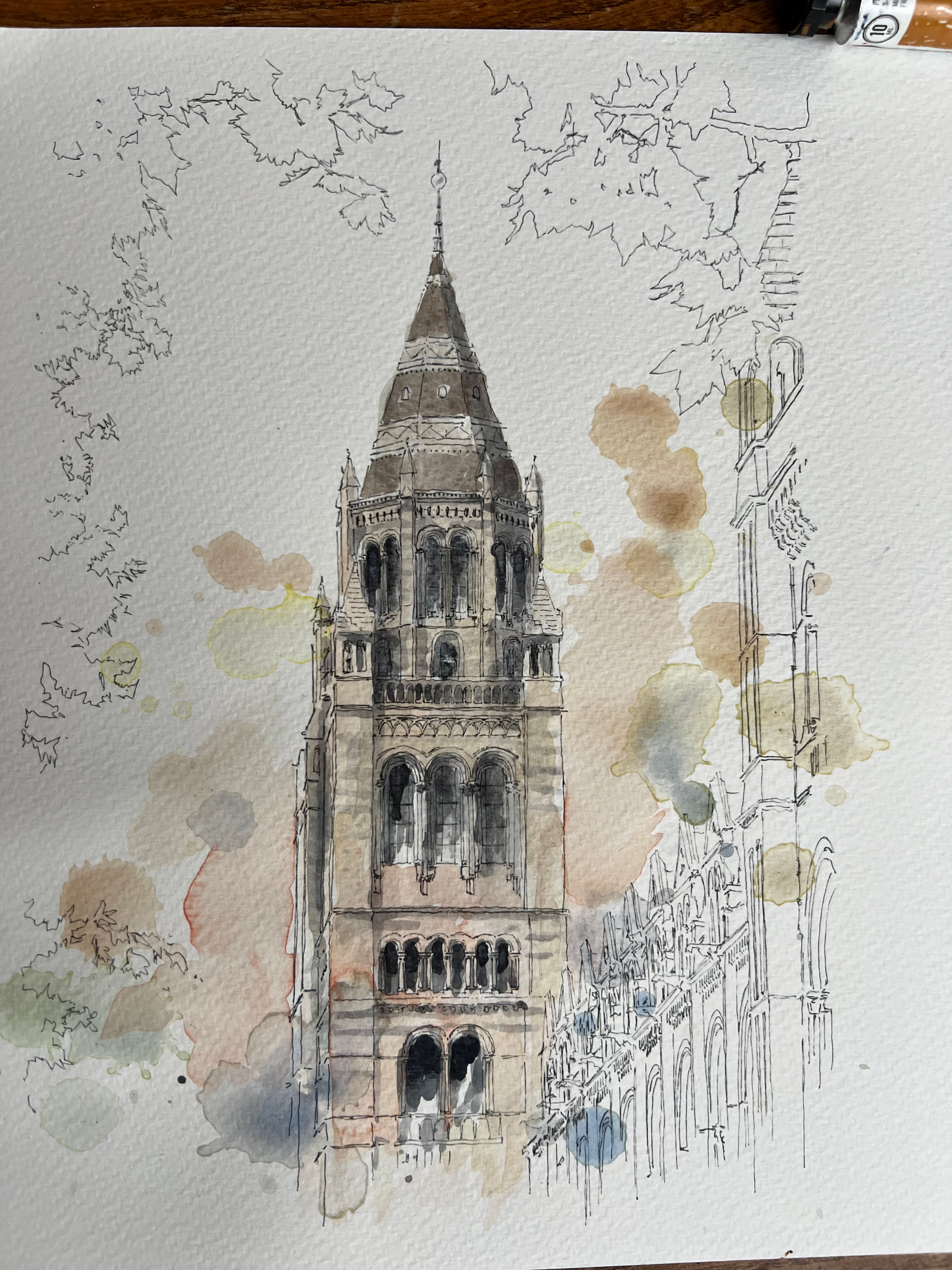 Watercolor painting of Natural History Museum tower