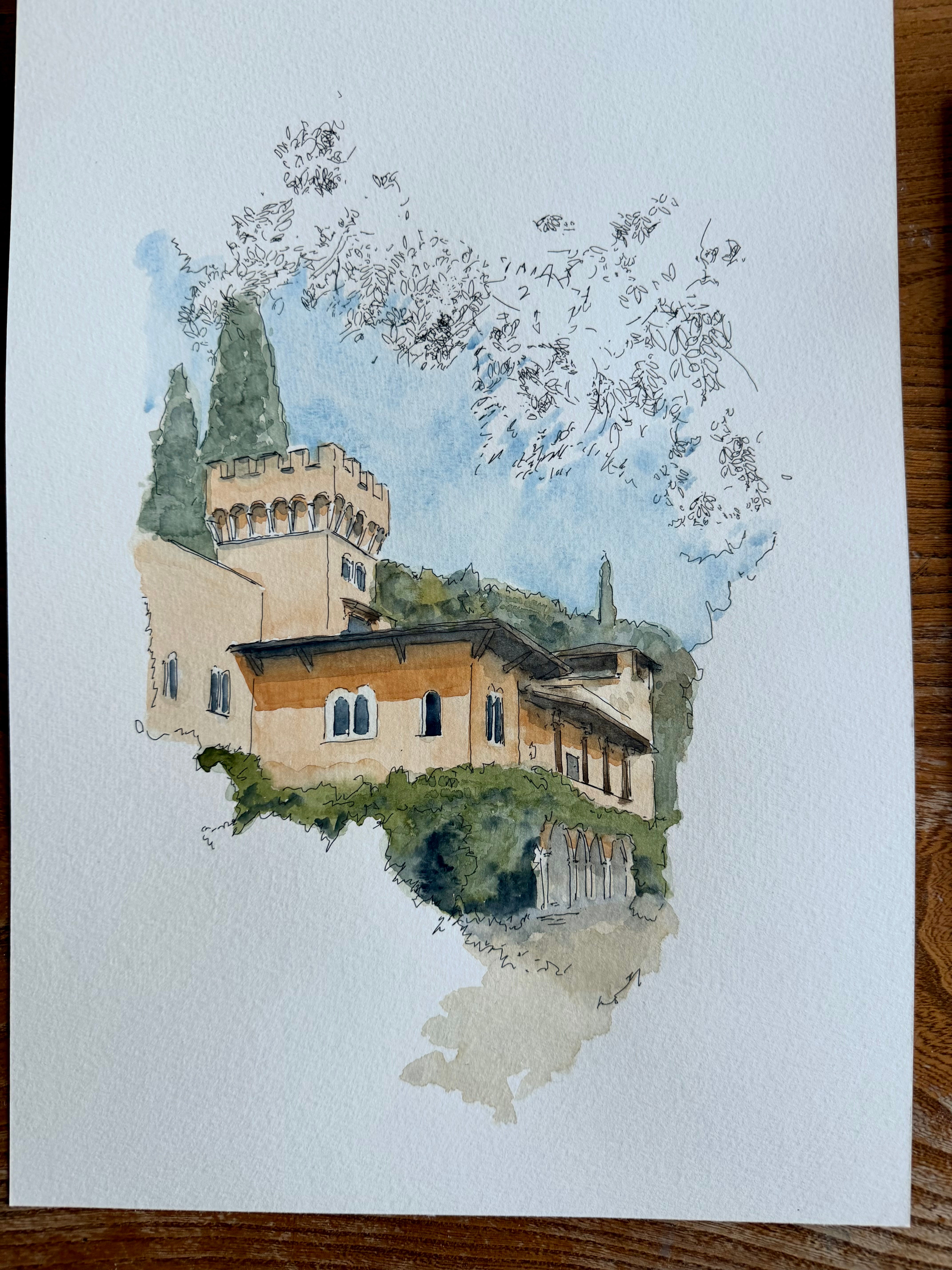 Watercolour of Villa Le Fontanelle, Florence, Italy.