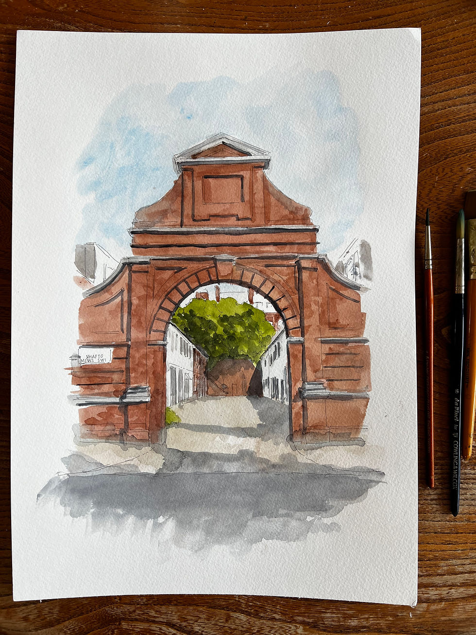 watercolour of Shafto Mews, Knightsbridge. London
