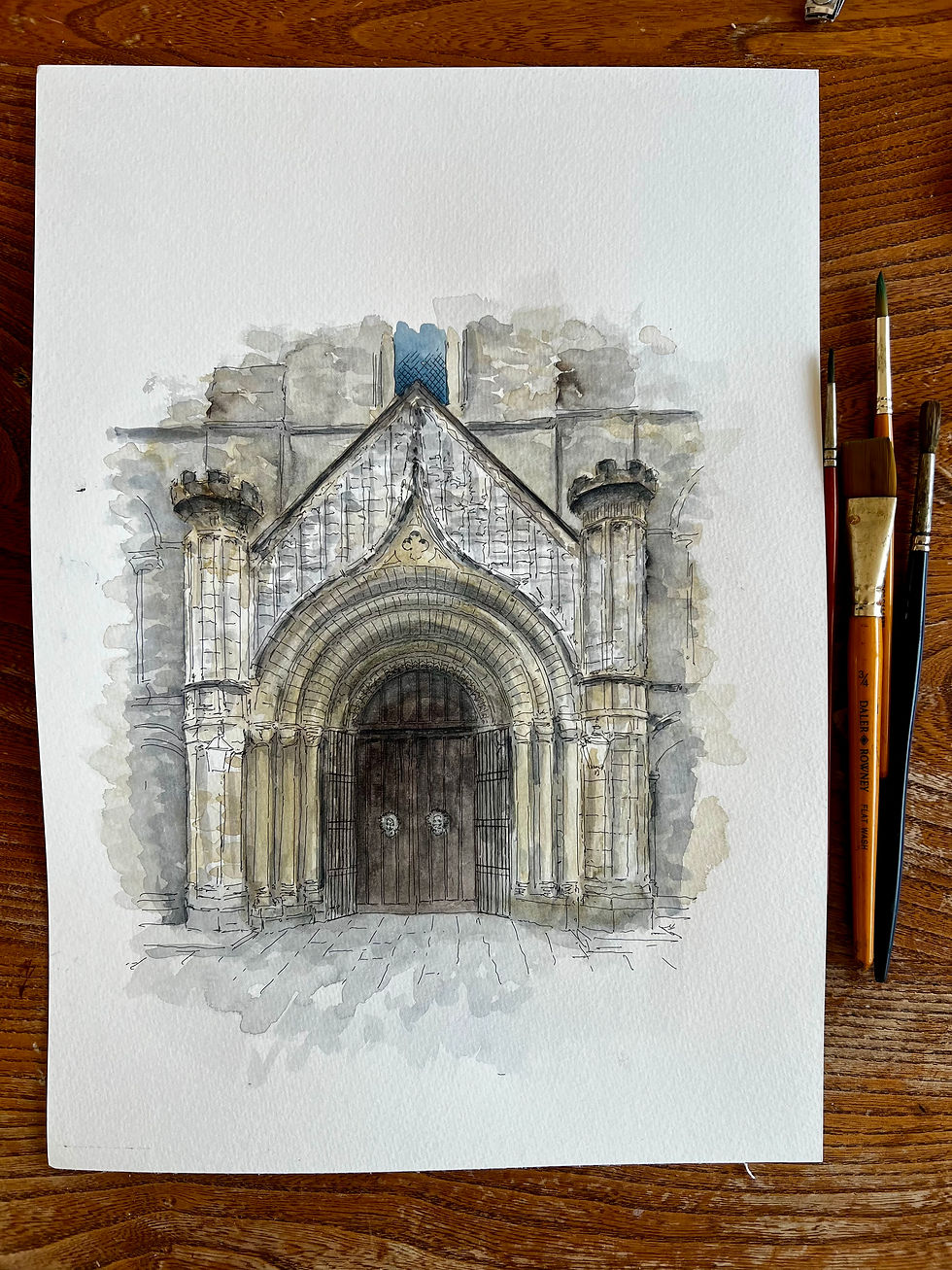 A watercolour of Durham Cathedrial impressive door.