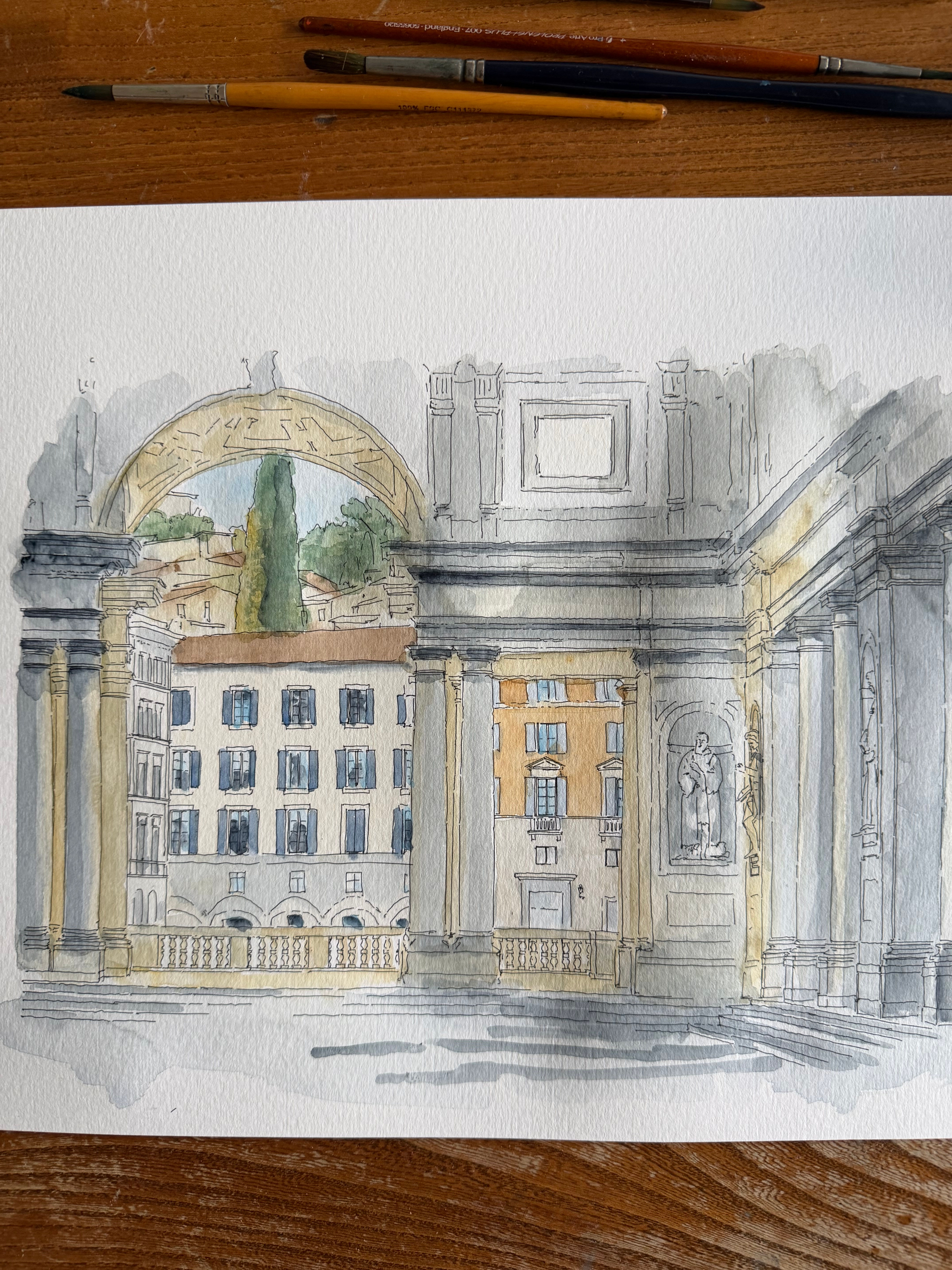 Watercolour of Galleria degli Uffizi, Florence, Italy.