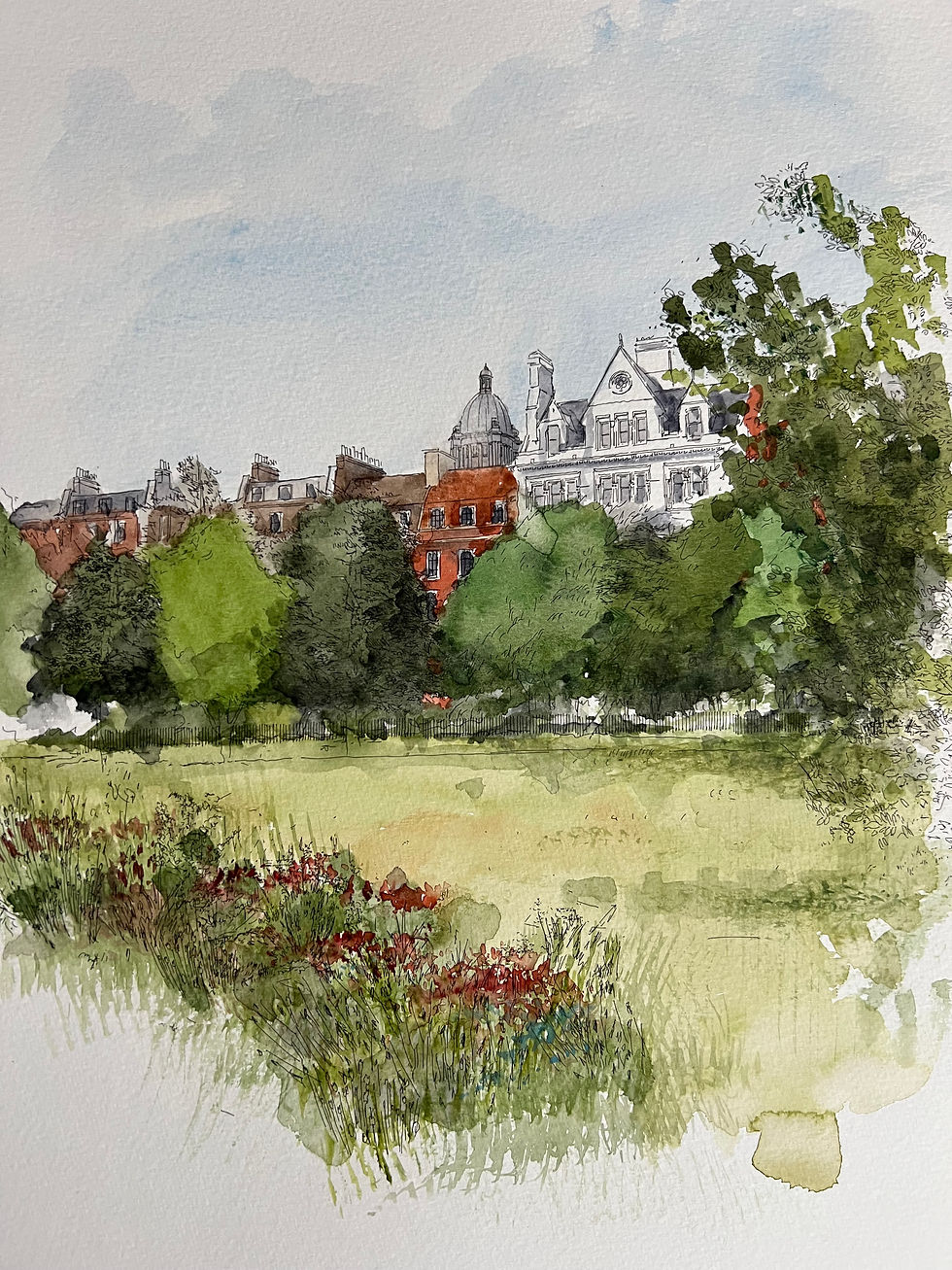 Thumbnail: Watercolor painting of London buildings behind trees and a field