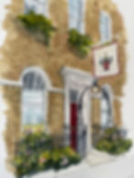Watercolour of Mercers’ Hall doorway and flag, City of London.