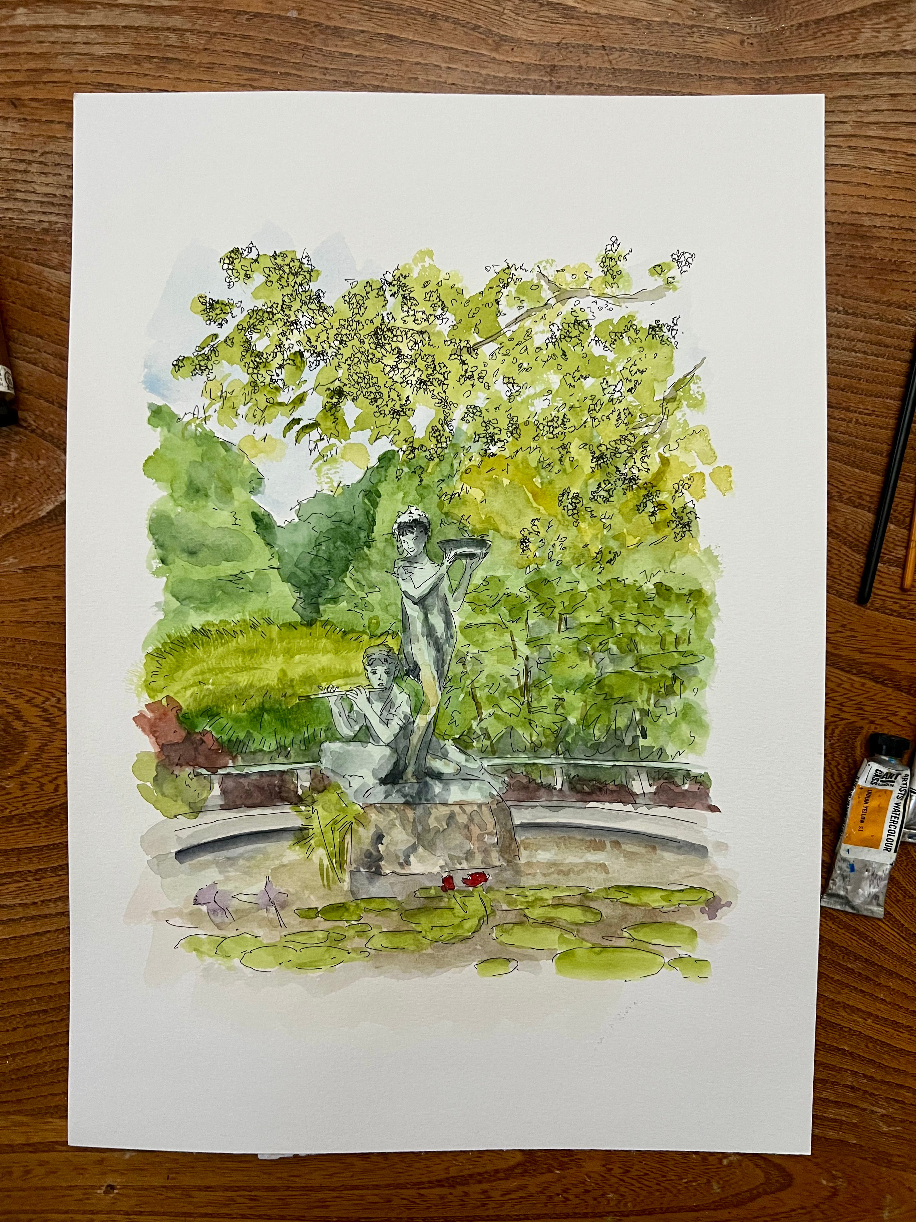 beautiful watercolour of Burnett Memorial Fountain. New York