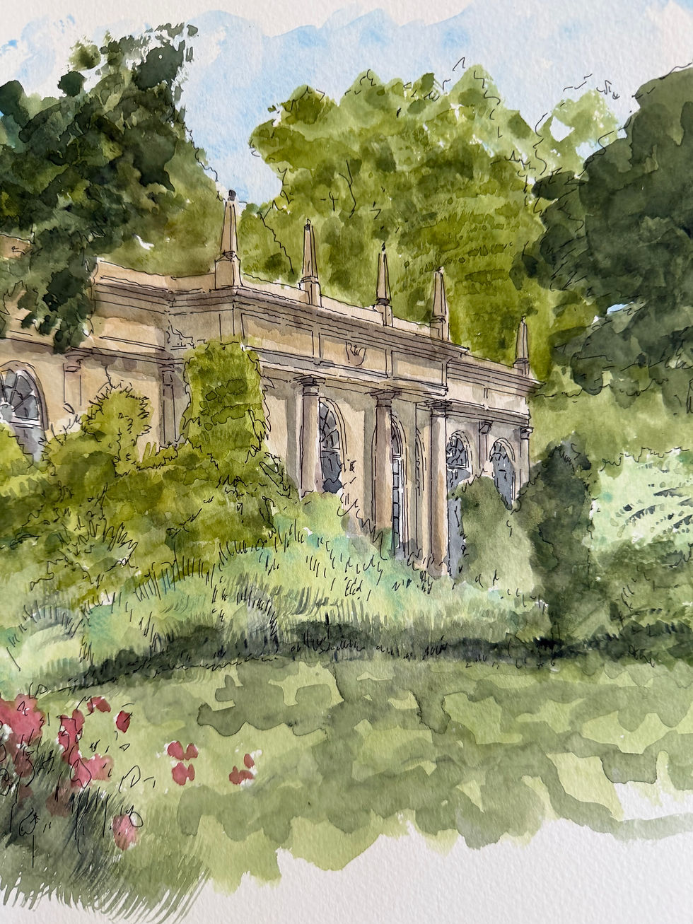 Thumbnail: watercolour of Mapperton House, West Dorset, England.