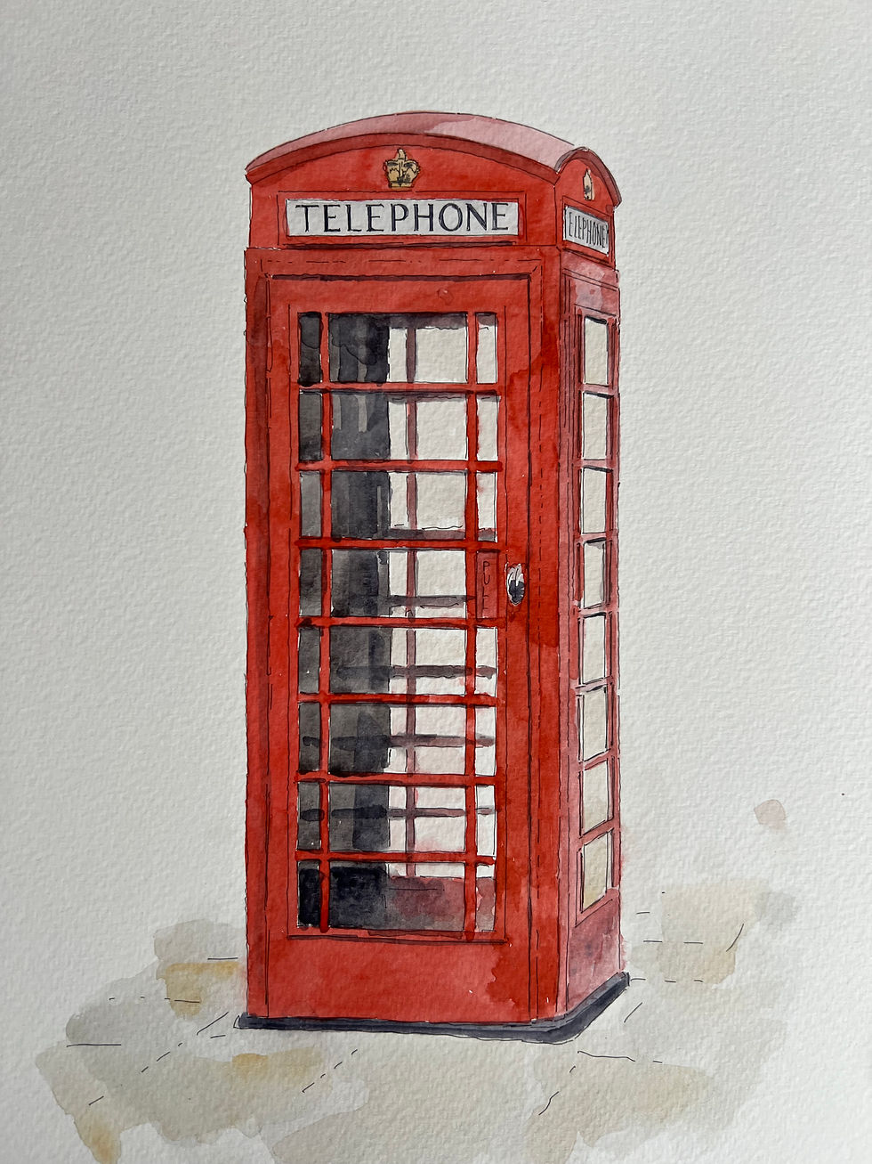 Watercolour of the red telephone box.