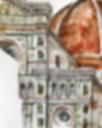Watercolor of ornate cathedral facade with dome
