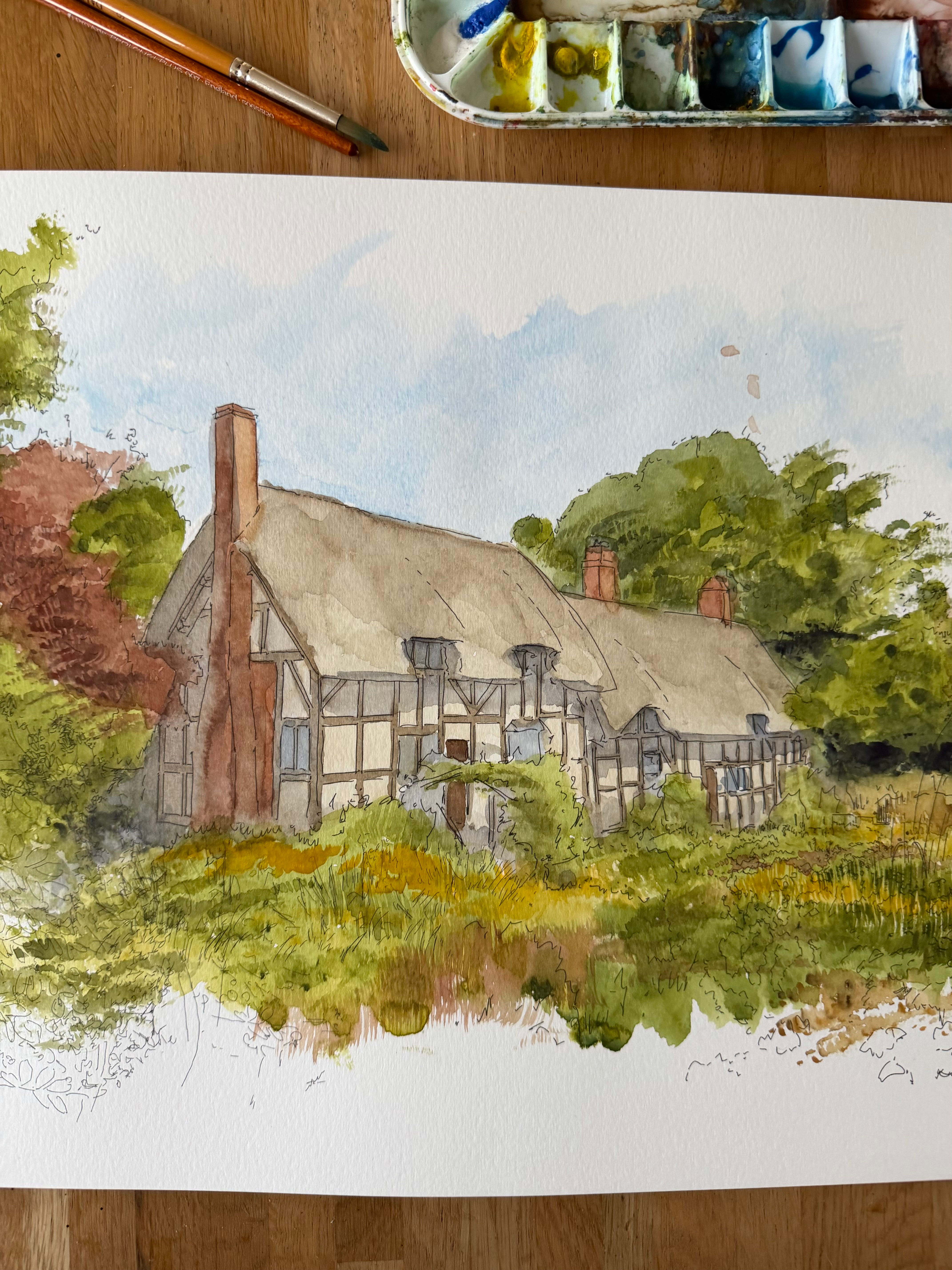 beautiful watercolour of Anne Hathaway’s Cottage, Stratford-upon-Avon