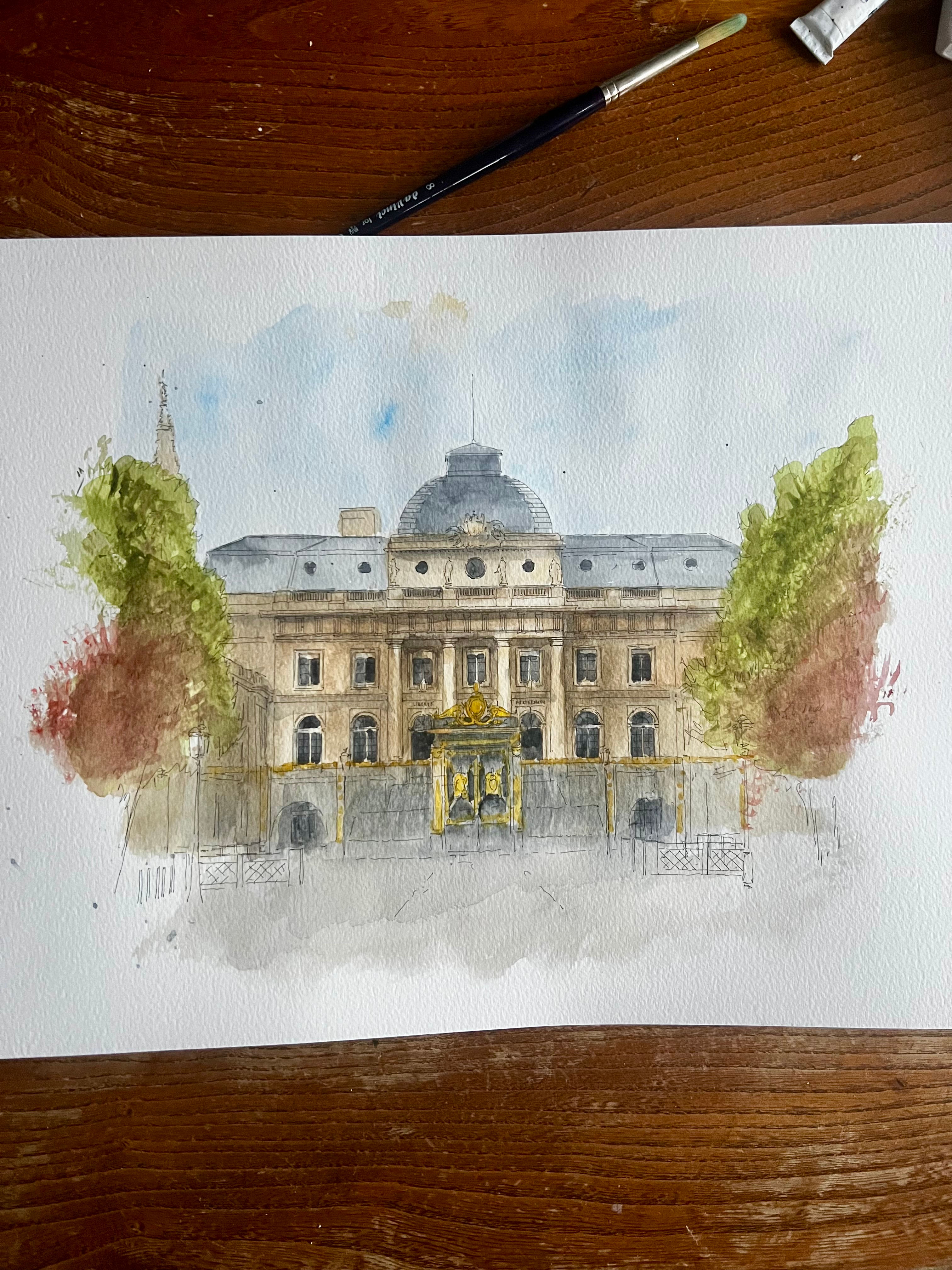 architectural watercolour of Palais de Justice, Paris