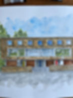 Watercolor painting of a long brown modernist building