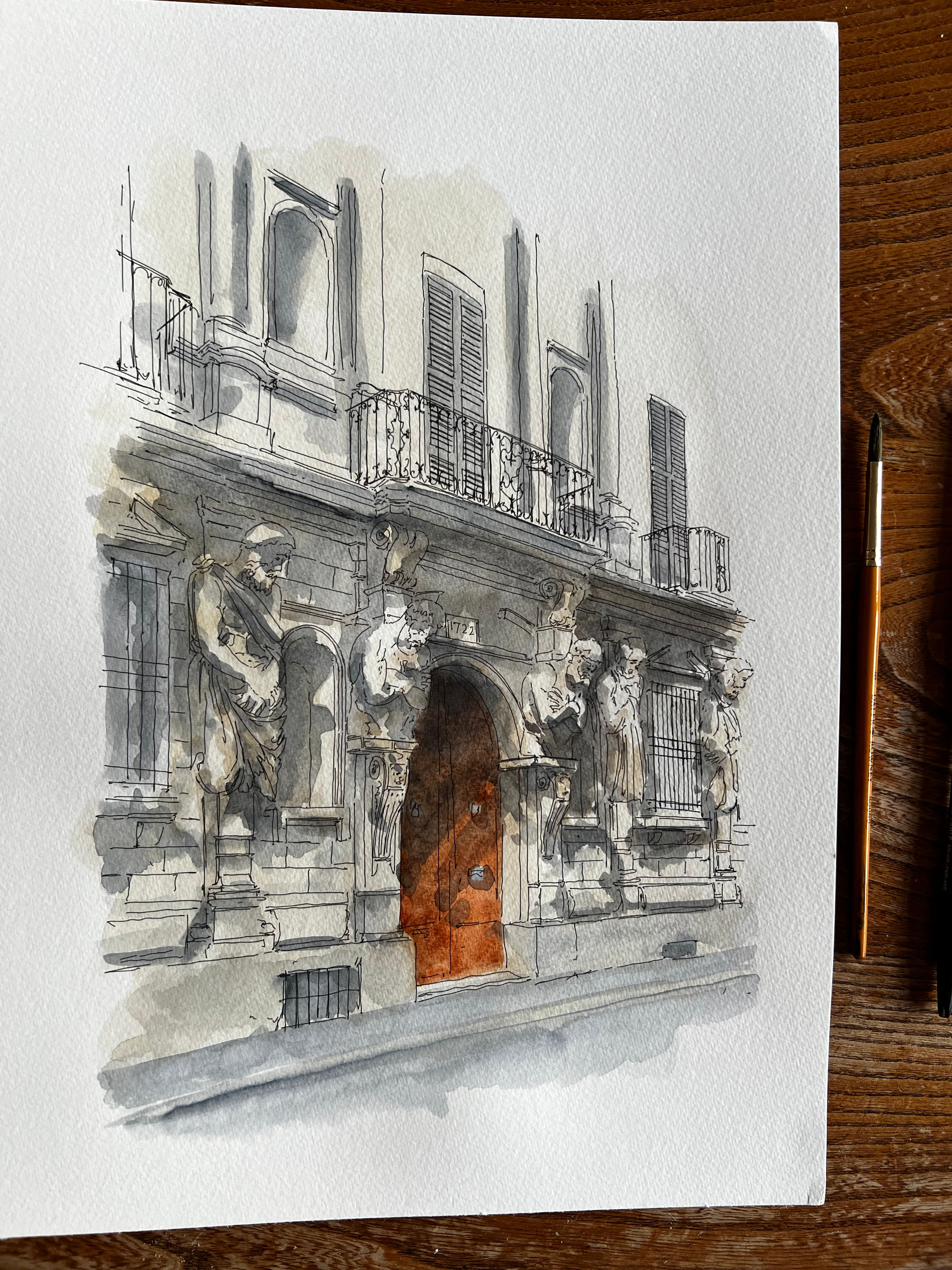 beautiful watercolour of Casa degli Omenoni. Milano
