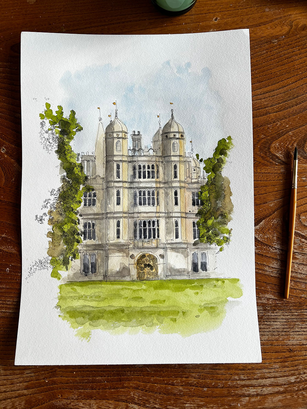 beautiful watercolour of Burghley House. Stamford, Lincolnshire.