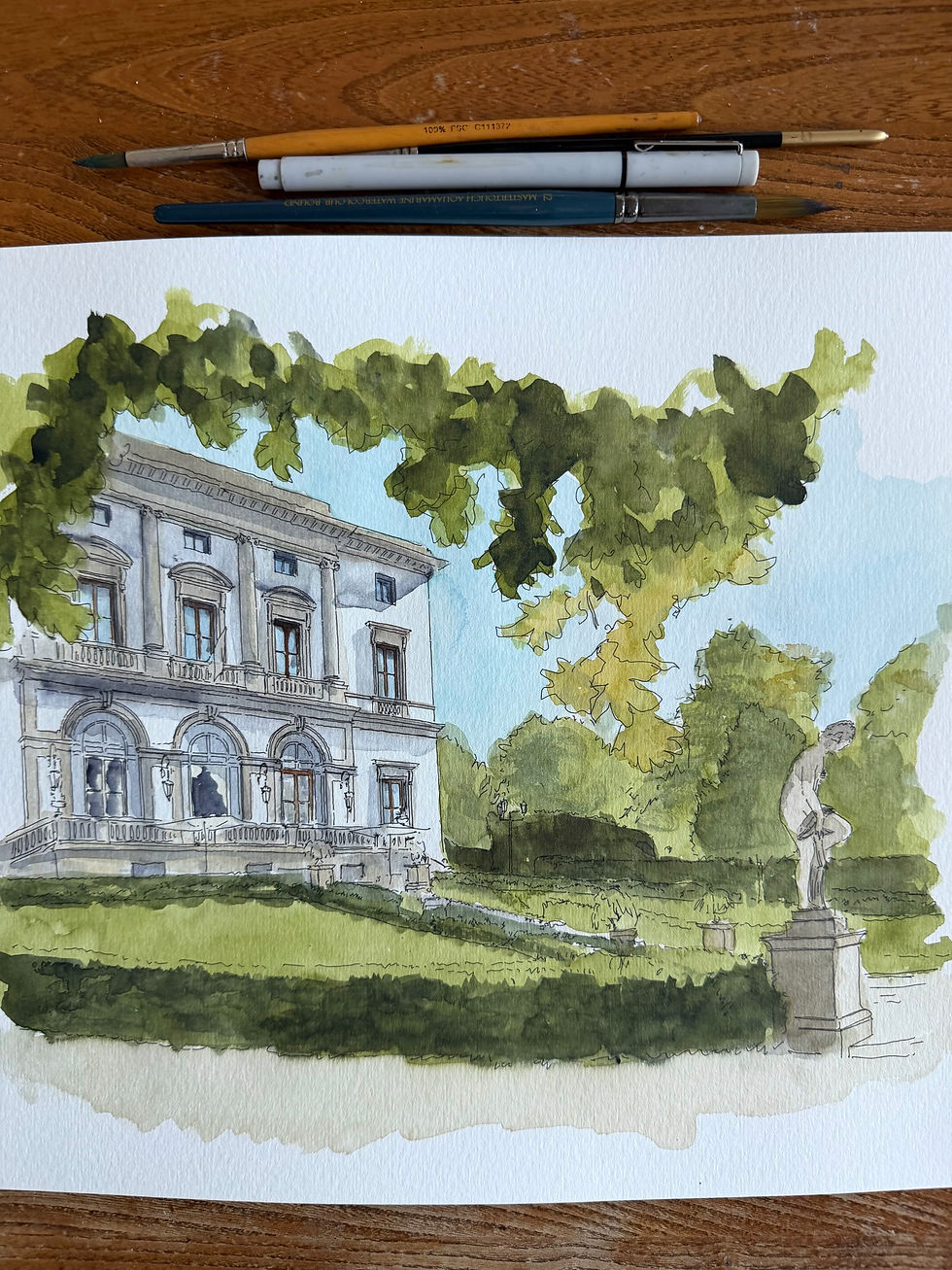 Watercolour of the Villa Cora, Florence, Italy.