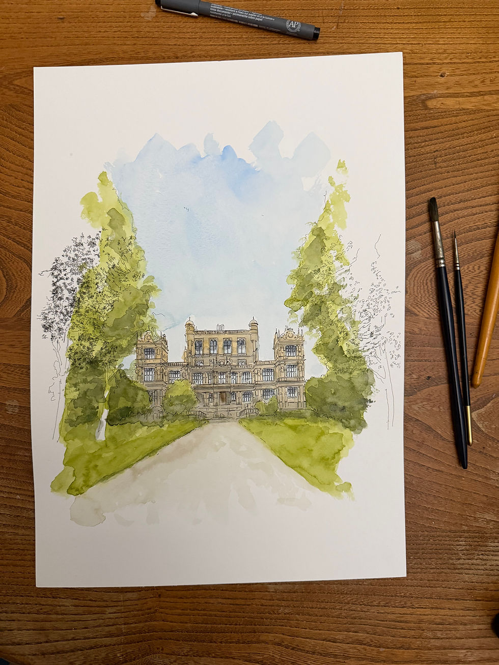 beautiful watercolour of Wollaston Hall. Nottingham