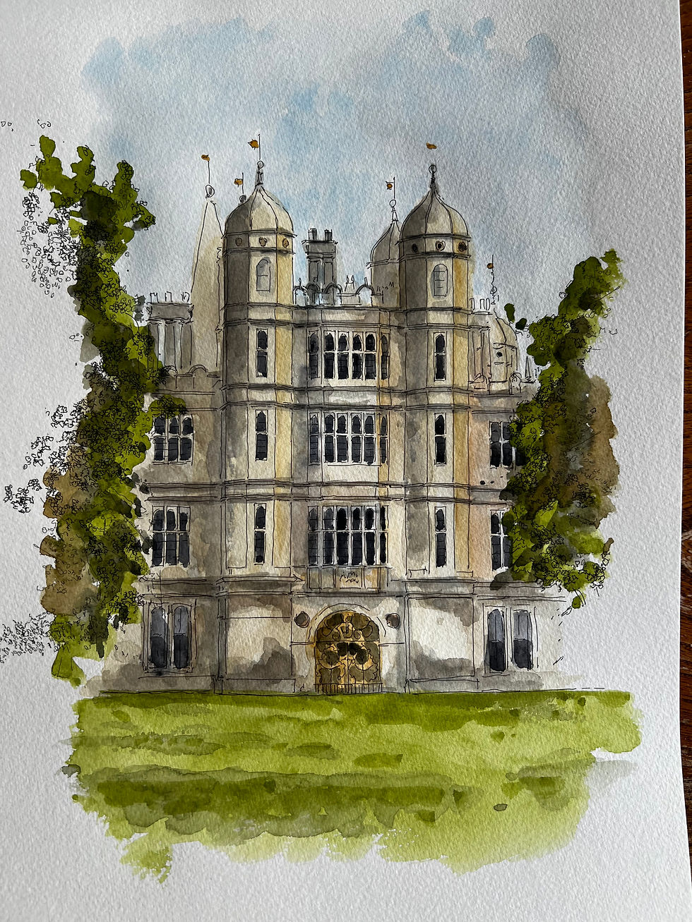 beautiful watercolour of Burghley House. Stamford, Lincolnshire.