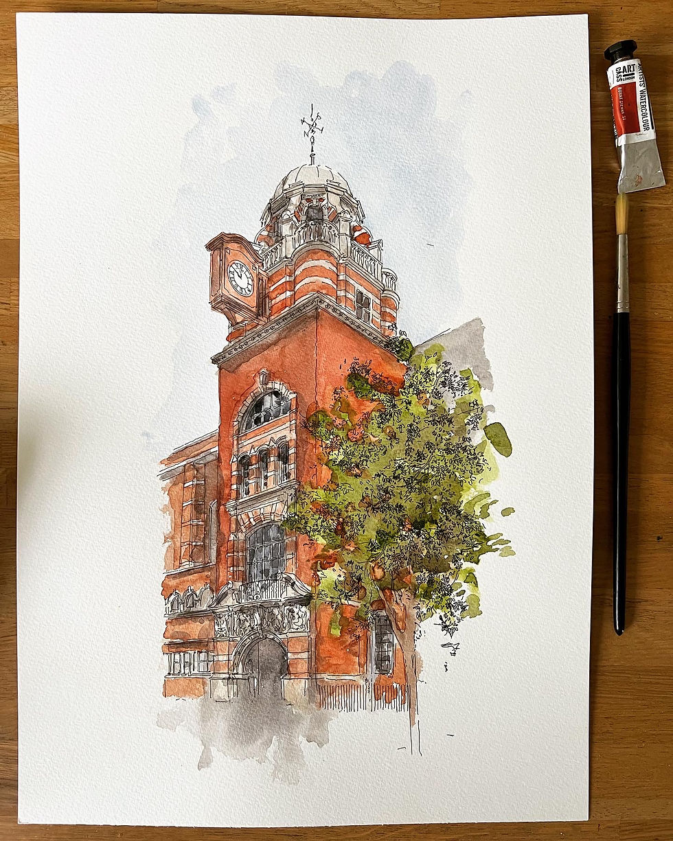 Thumbnail: Watercolor of a red brick building with clock tower, Richmond