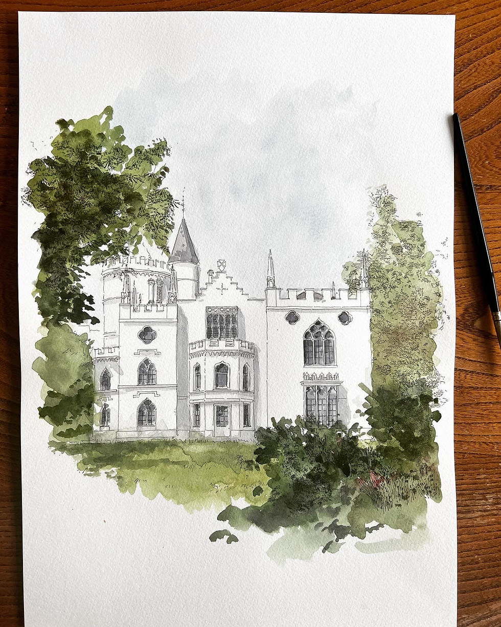 Watercolor painting of Strawberry Hill House