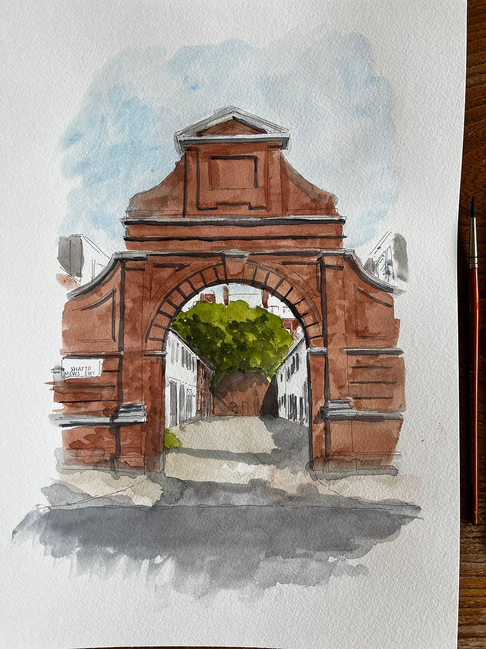 watercolour of Shafto Mews, Knightsbridge. London