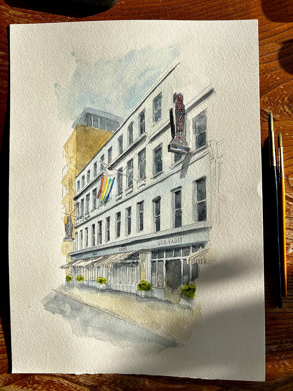 beautiful watercolour of Quo Vadis, Soho.