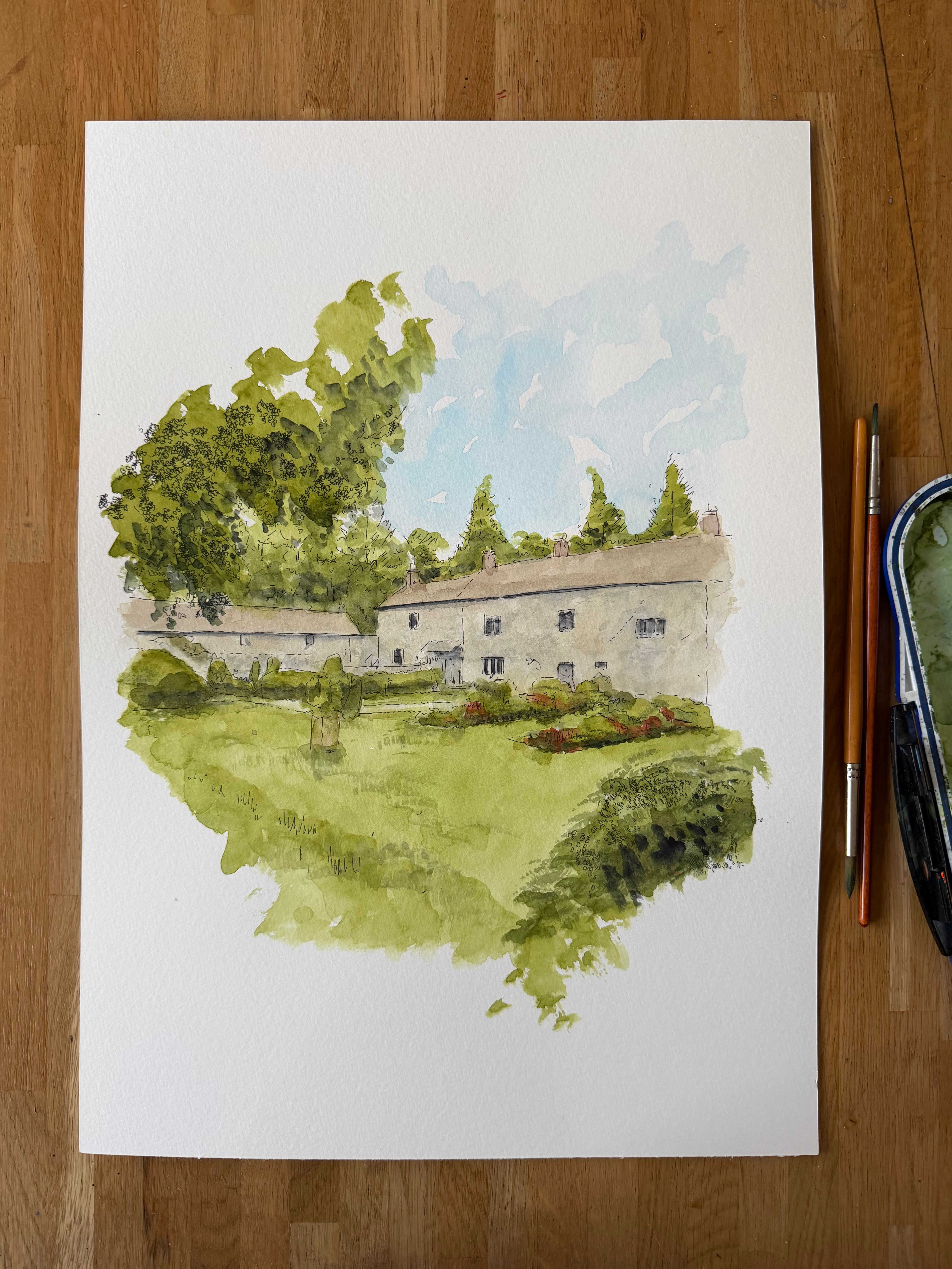 beautiful watercolour of Pencoed House. Cardiff, Wales