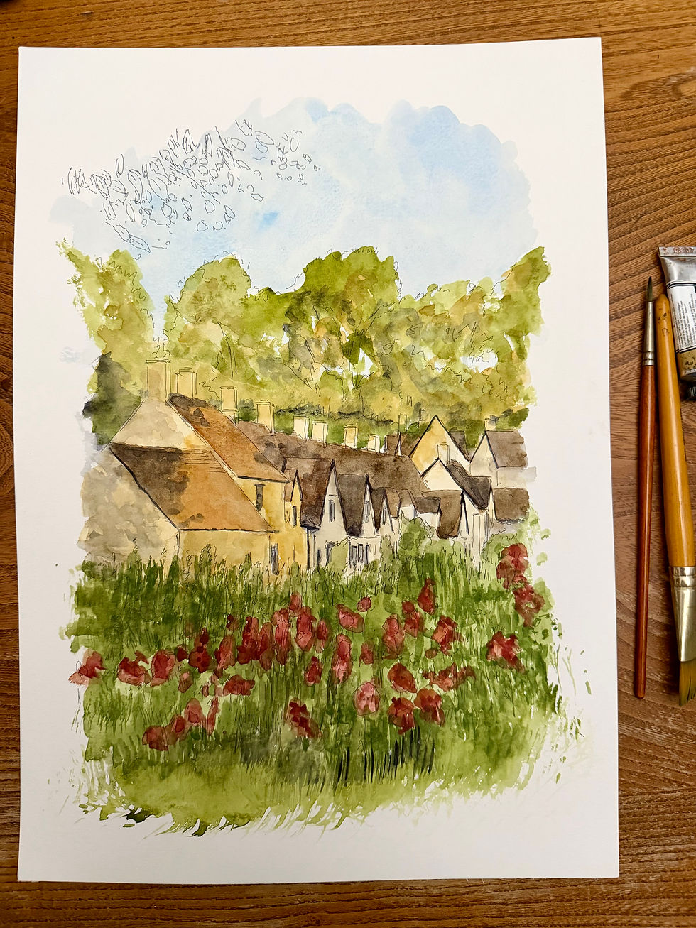 beautiful watercolour of Bibury village, Cotswolds in the evening sunlight
