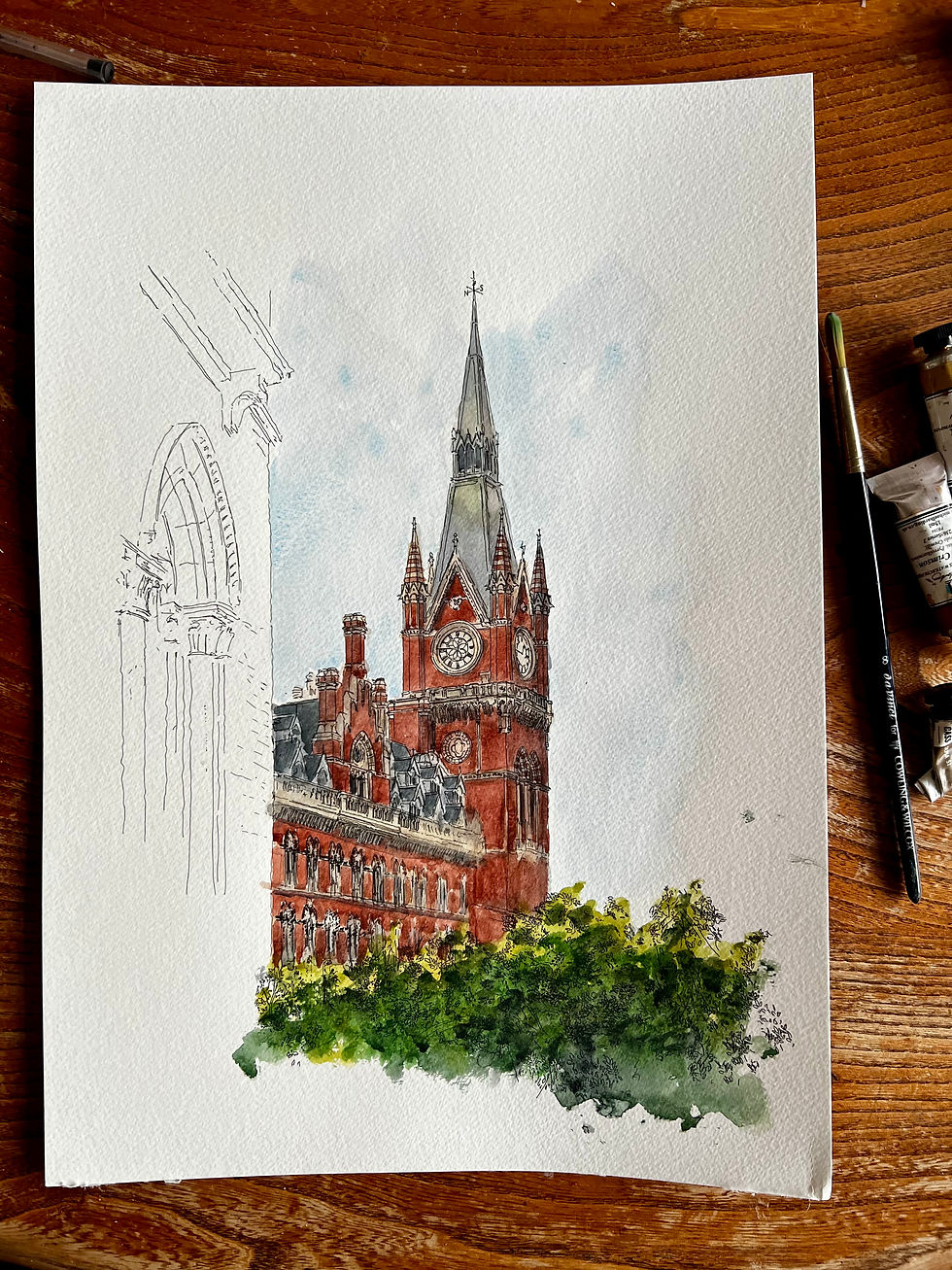 beautiful watercolour of St. Pancras Renaissance tower, London