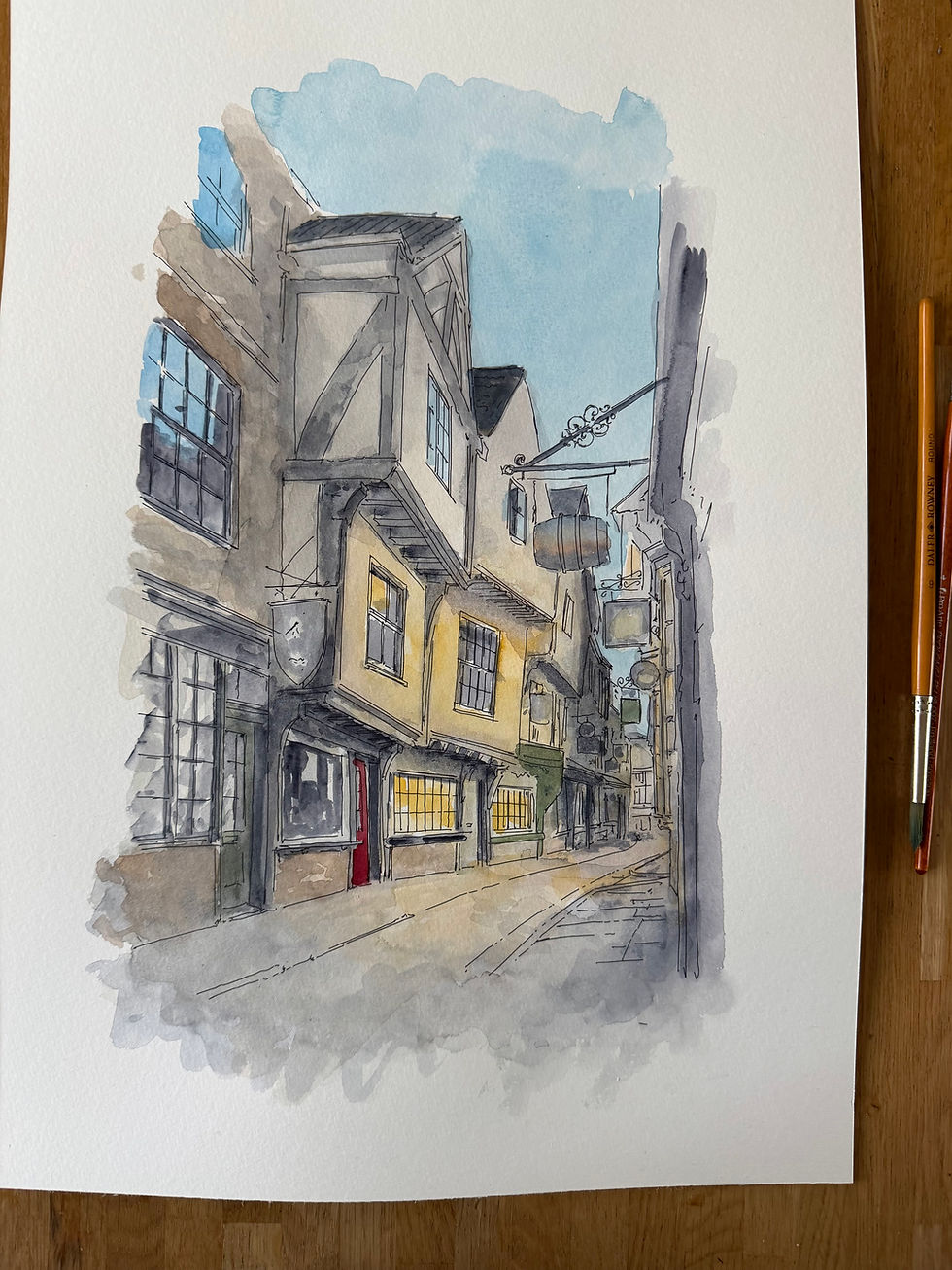 Thumbnail: beautiful watercolour of The Shambles.York in the early evening