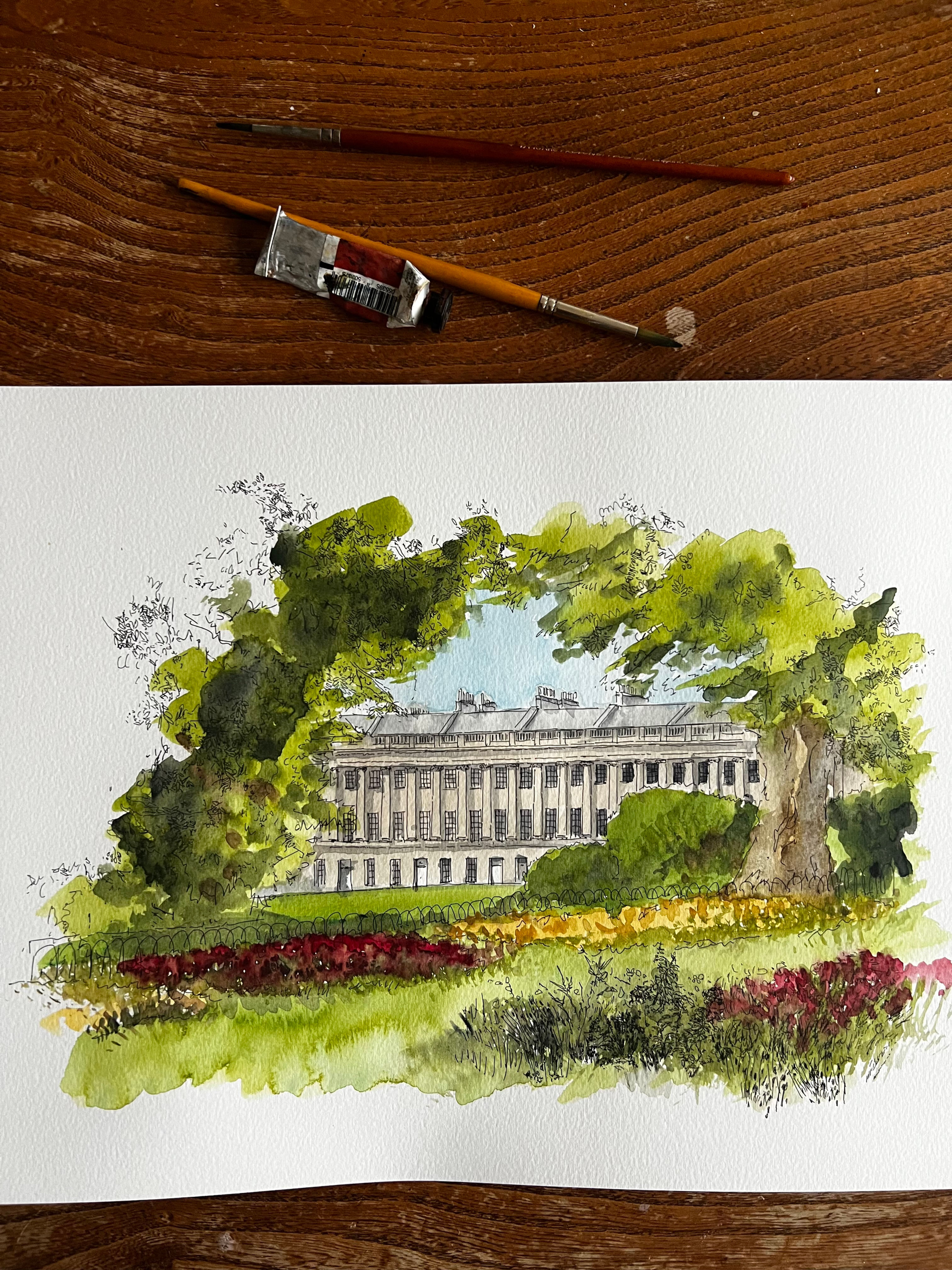 beautiful watercolour of Royal Crescent. Bath.