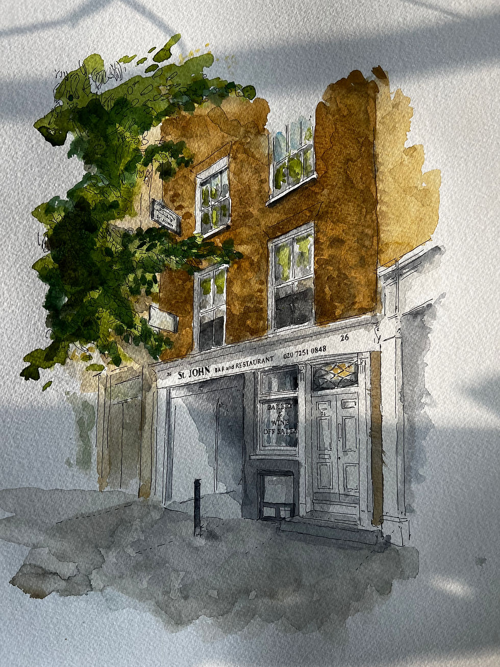 beautiful watercolour of St. John Bread and Wine restaurant. London