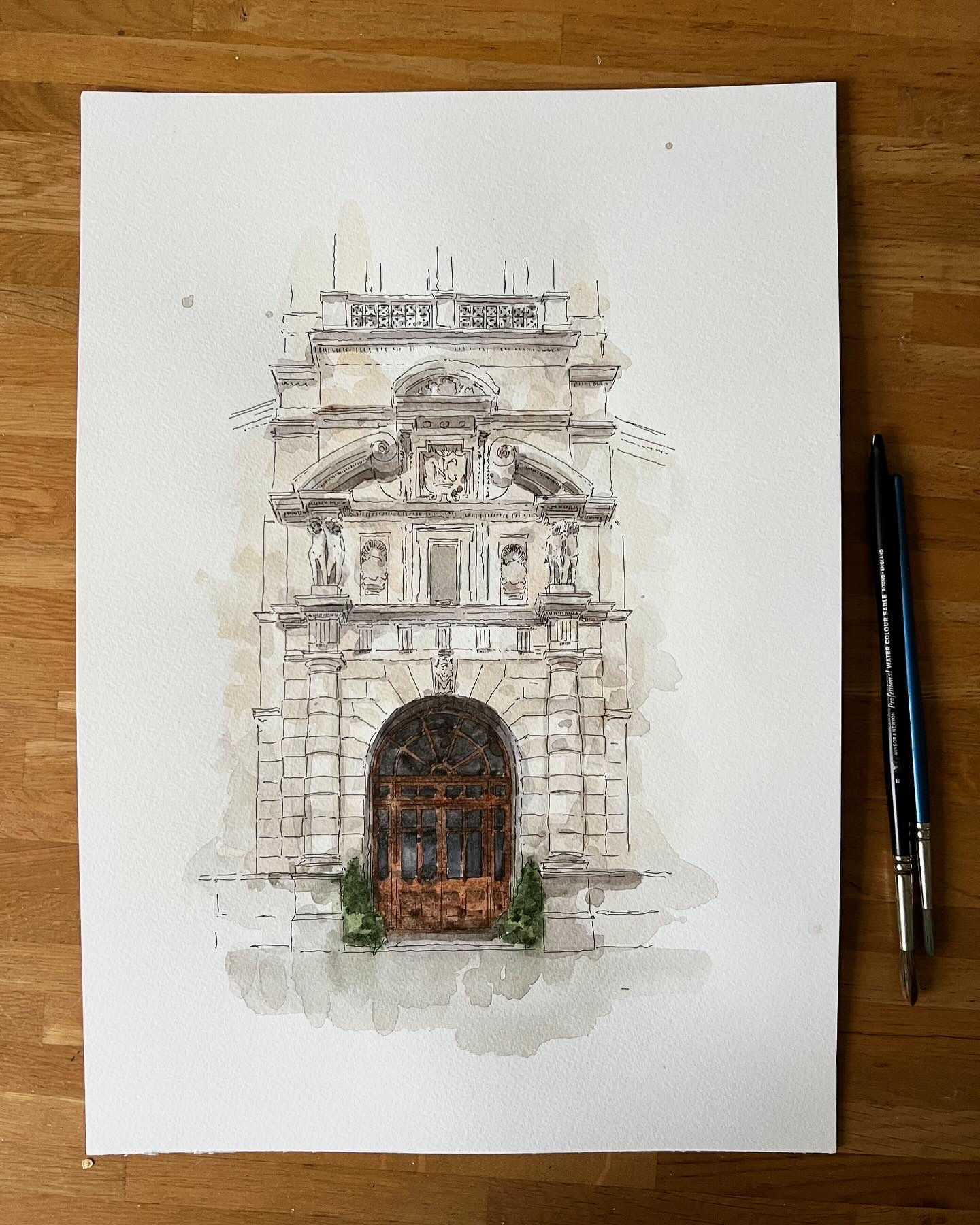 Watercolor sketch of ornate building entrance