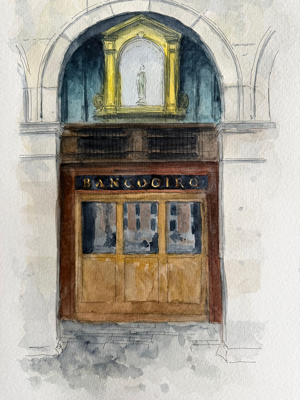 beautiful watercolour of Osteria Bancogiro, Venice arch and sign