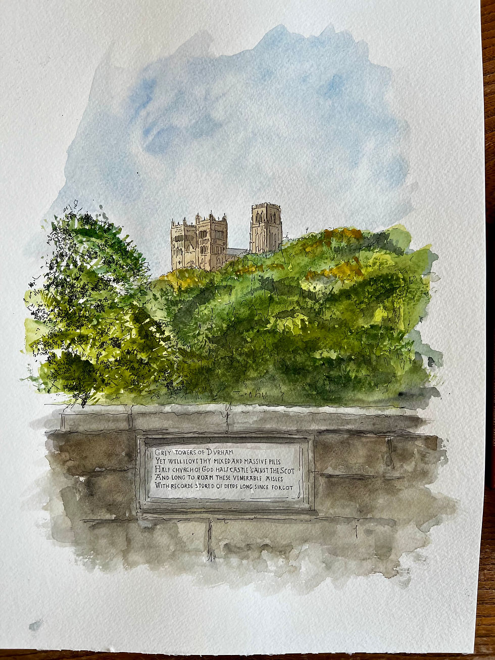 watercolour of Prebends Bridge, Durham with the Cathedral in the distance