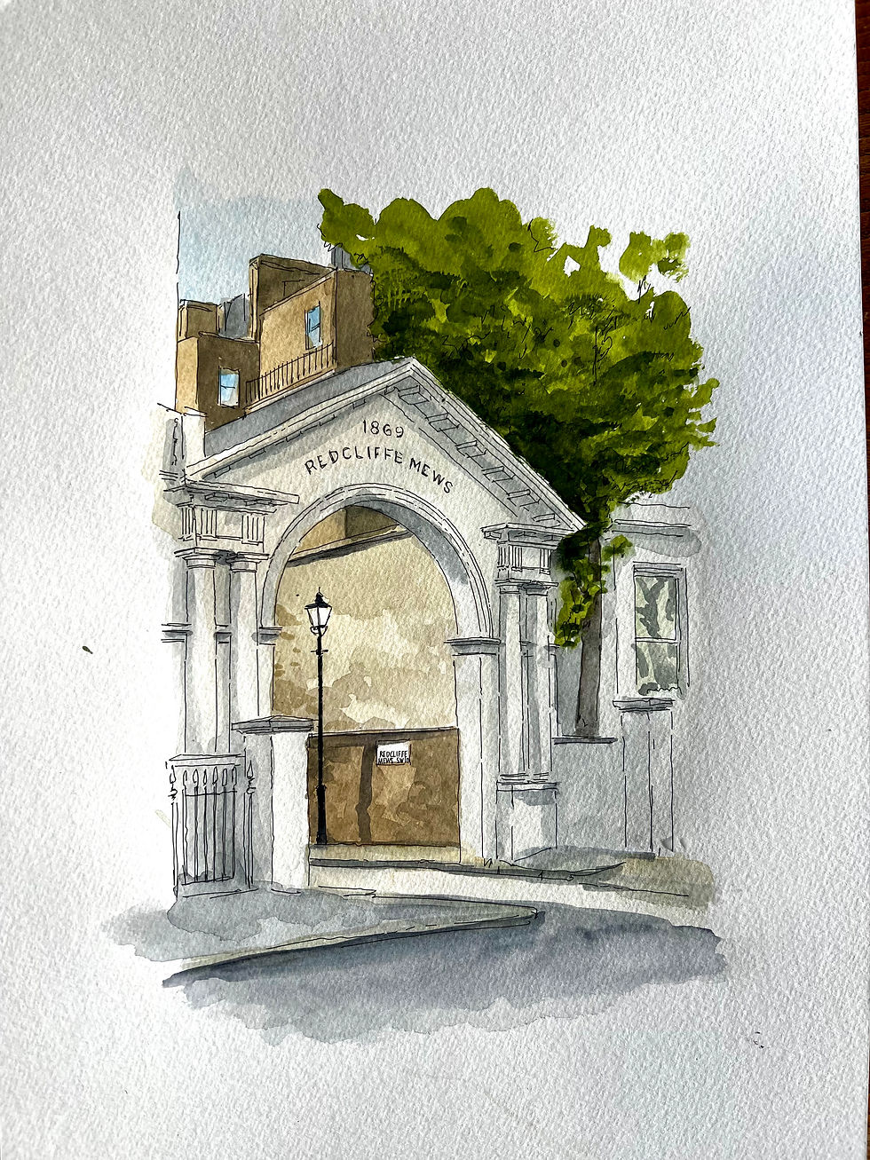 watercolour of  Redcliffe Mews, Knightsbridge. London