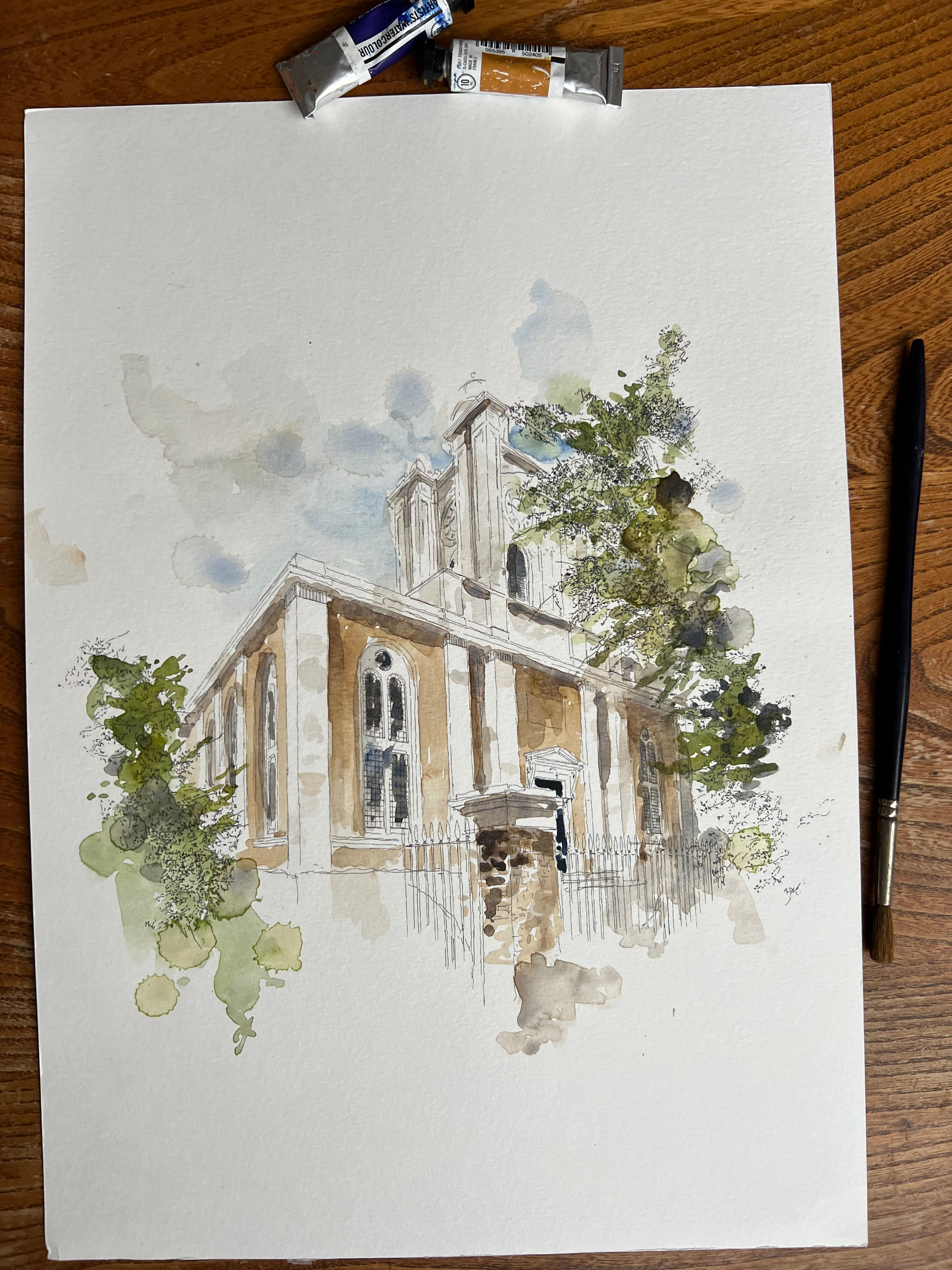 Watercolor painting of St John church, Bethnal Green