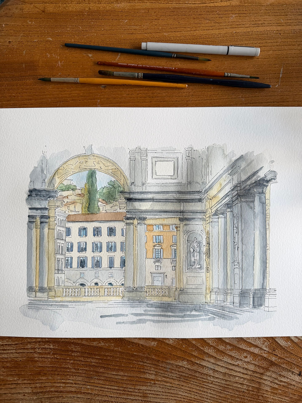 Watercolour of Galleria degli Uffizi, Florence, Italy.