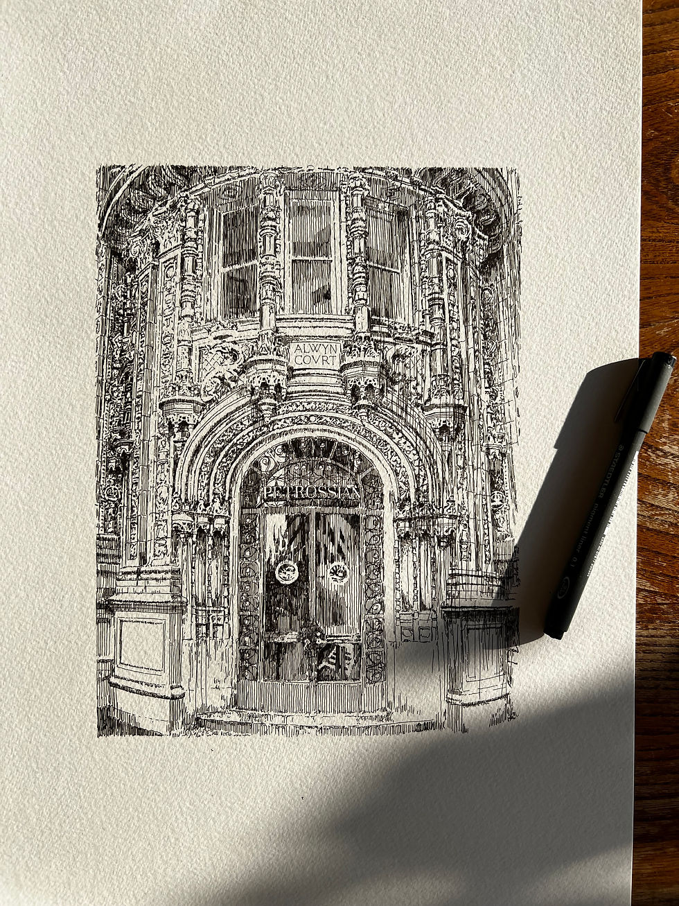 beautiful pen drawing of Alwyn Court, Manhattan. New York