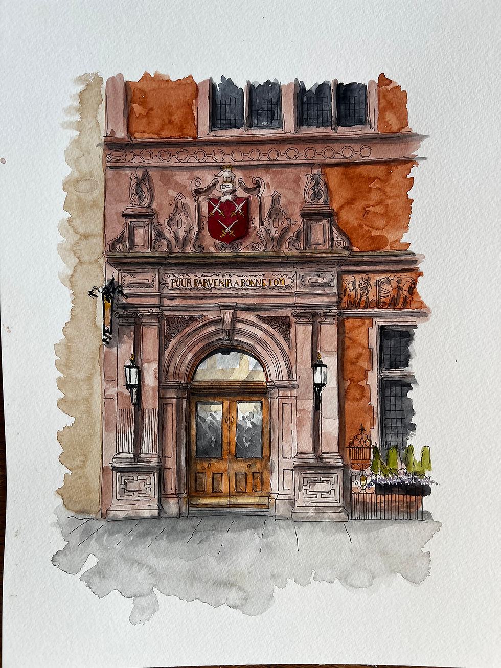 Thumbnail: beautiful watercolour of Cutlers’ Hall doorway. London