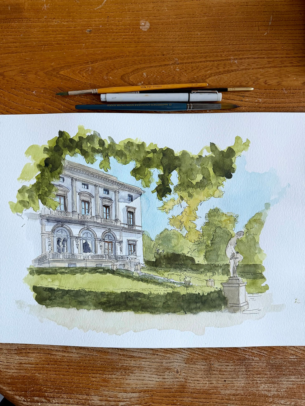 Watercolour of the Villa Cora, Florence, Italy.