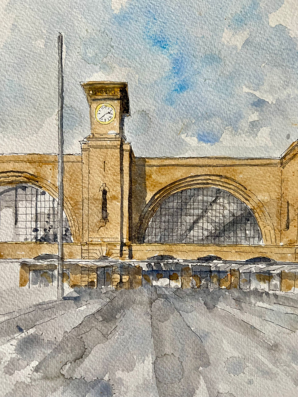 Thumbnail: Watercolor painting of a London station with a clock tower