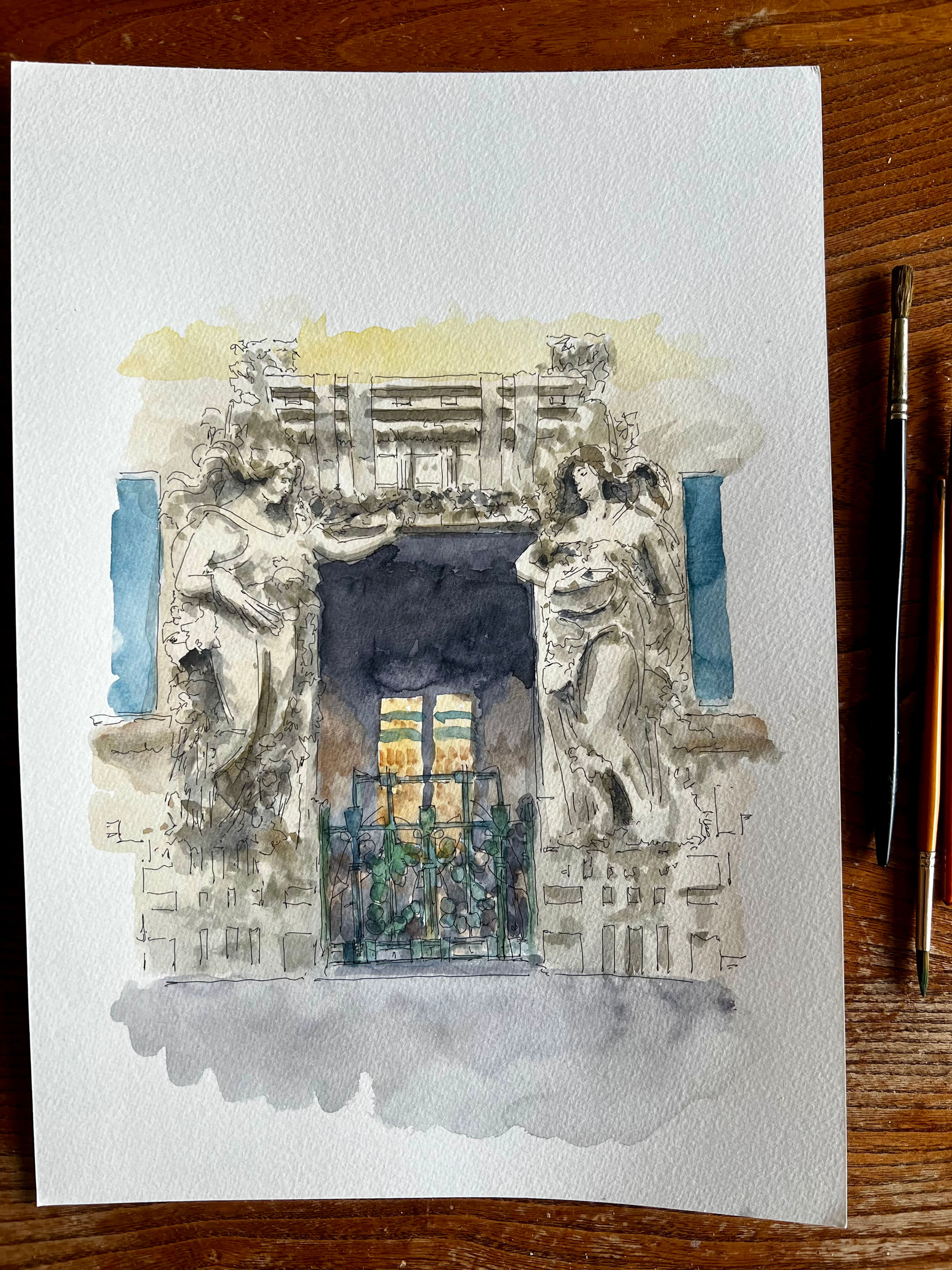 beautiful watercolour of Casa Campanini entrance, Milan