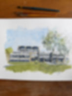 Watercolour of Churchill College, Cambridge with lawn