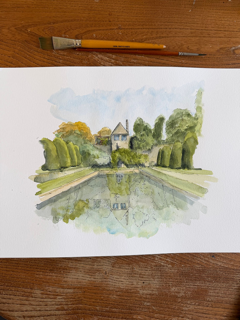 watercolour of Mapperton House pool, West Dorset, England.
