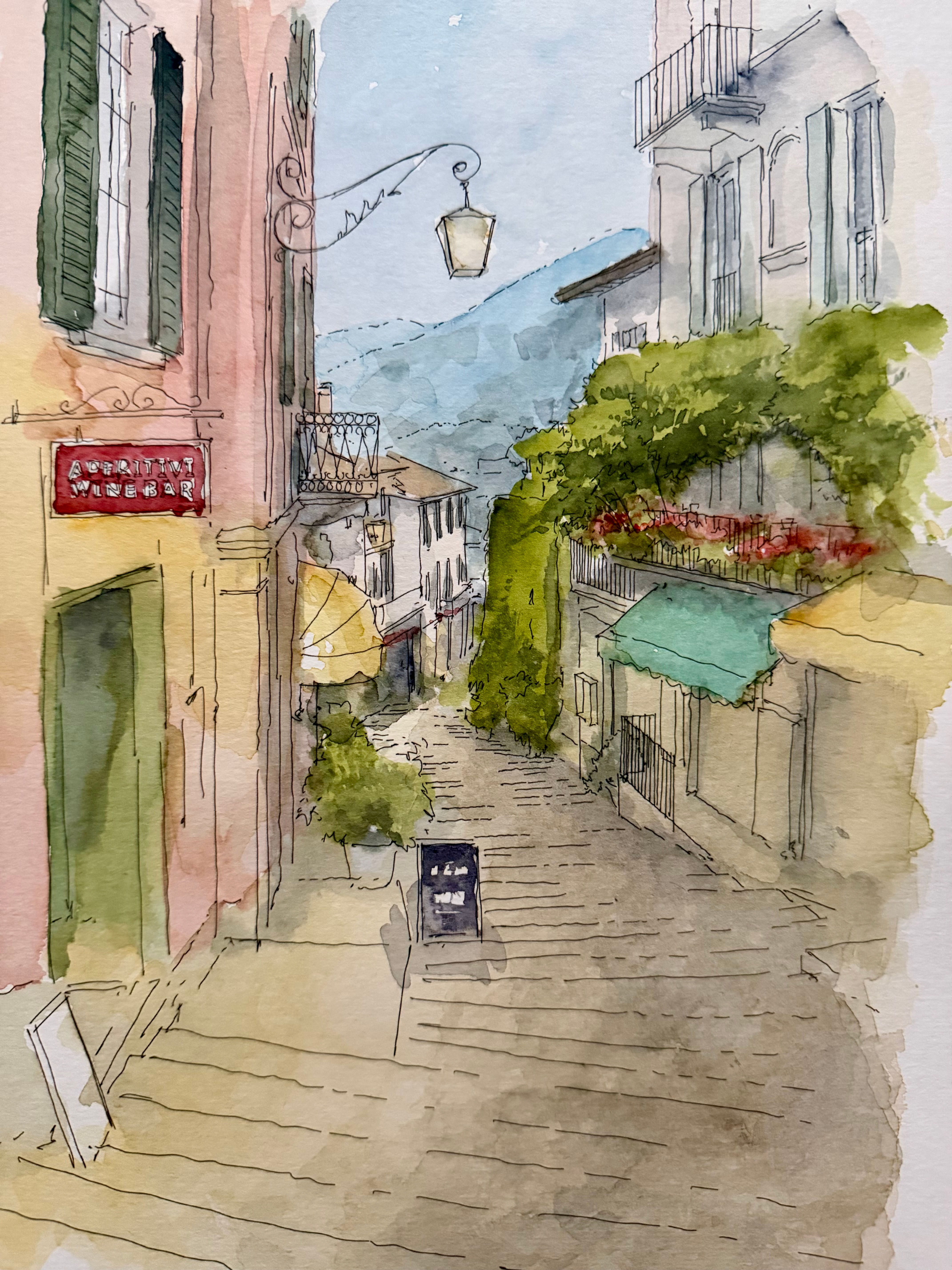 Watercolour of Salita Serbelloni, Bellagio, Como, Italy.