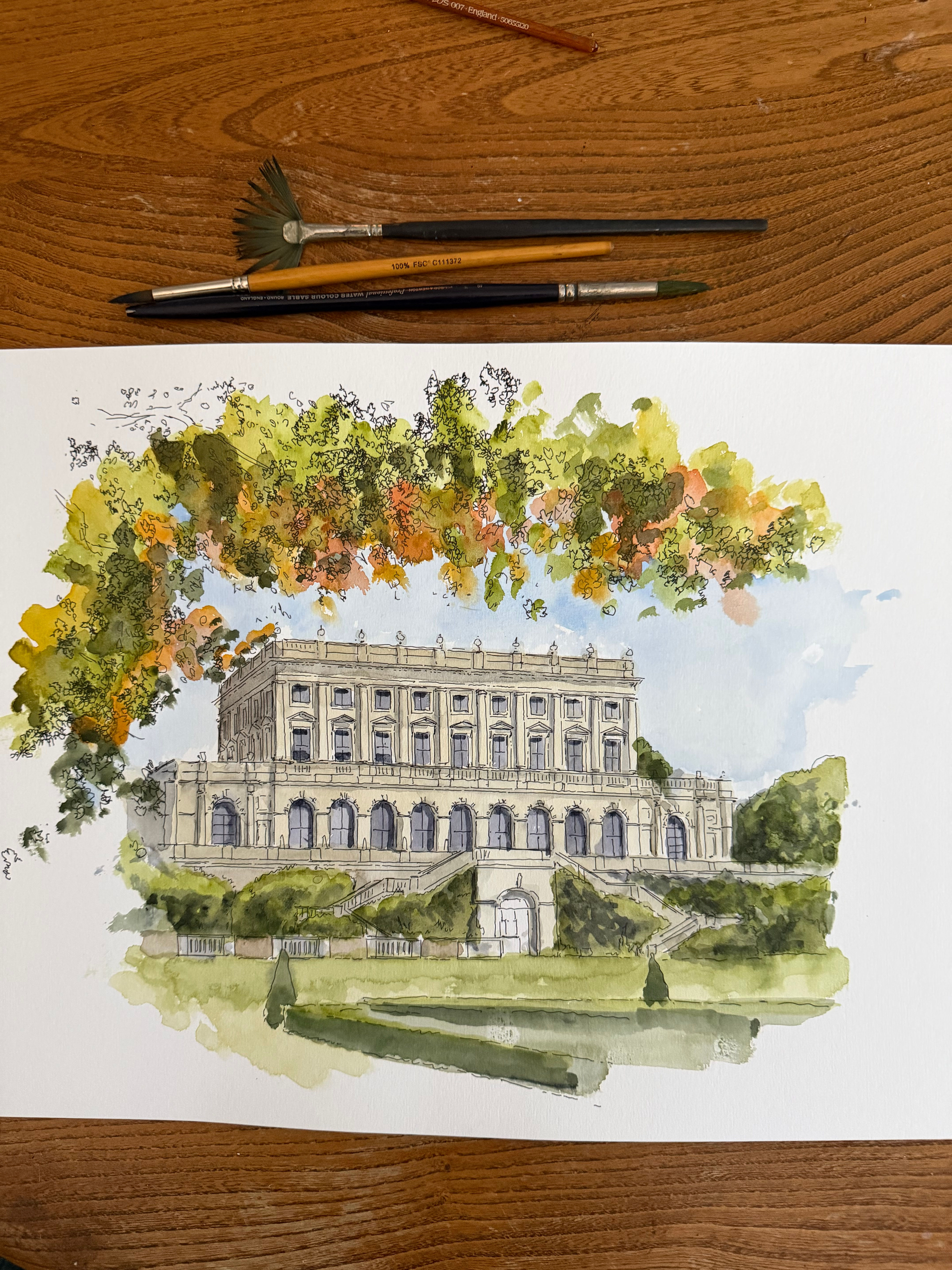 beautiful watercolour of Cliveden House, Buckinghamshire