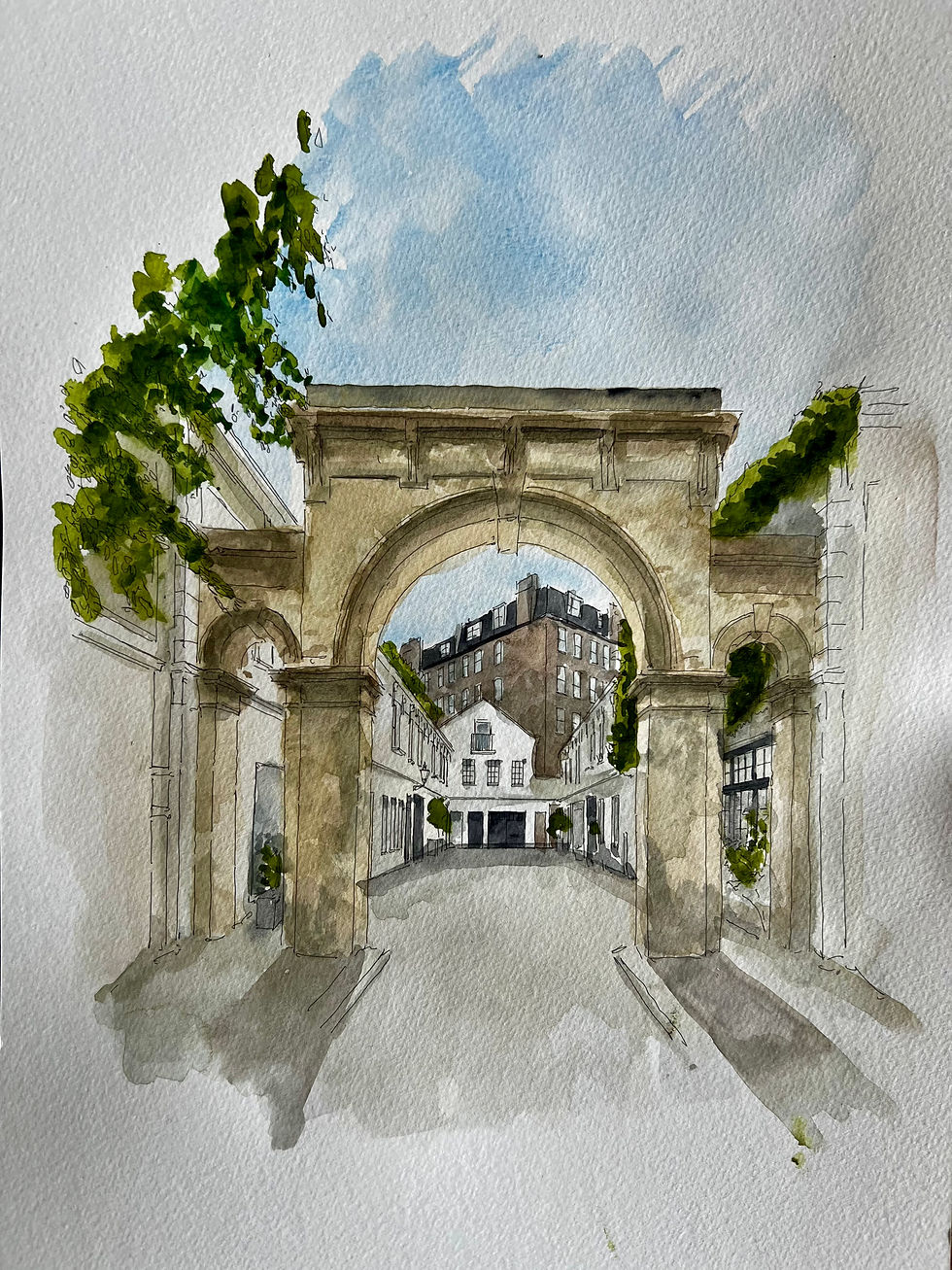 watercolour of  Laverton Mews. Knightsbridge.London