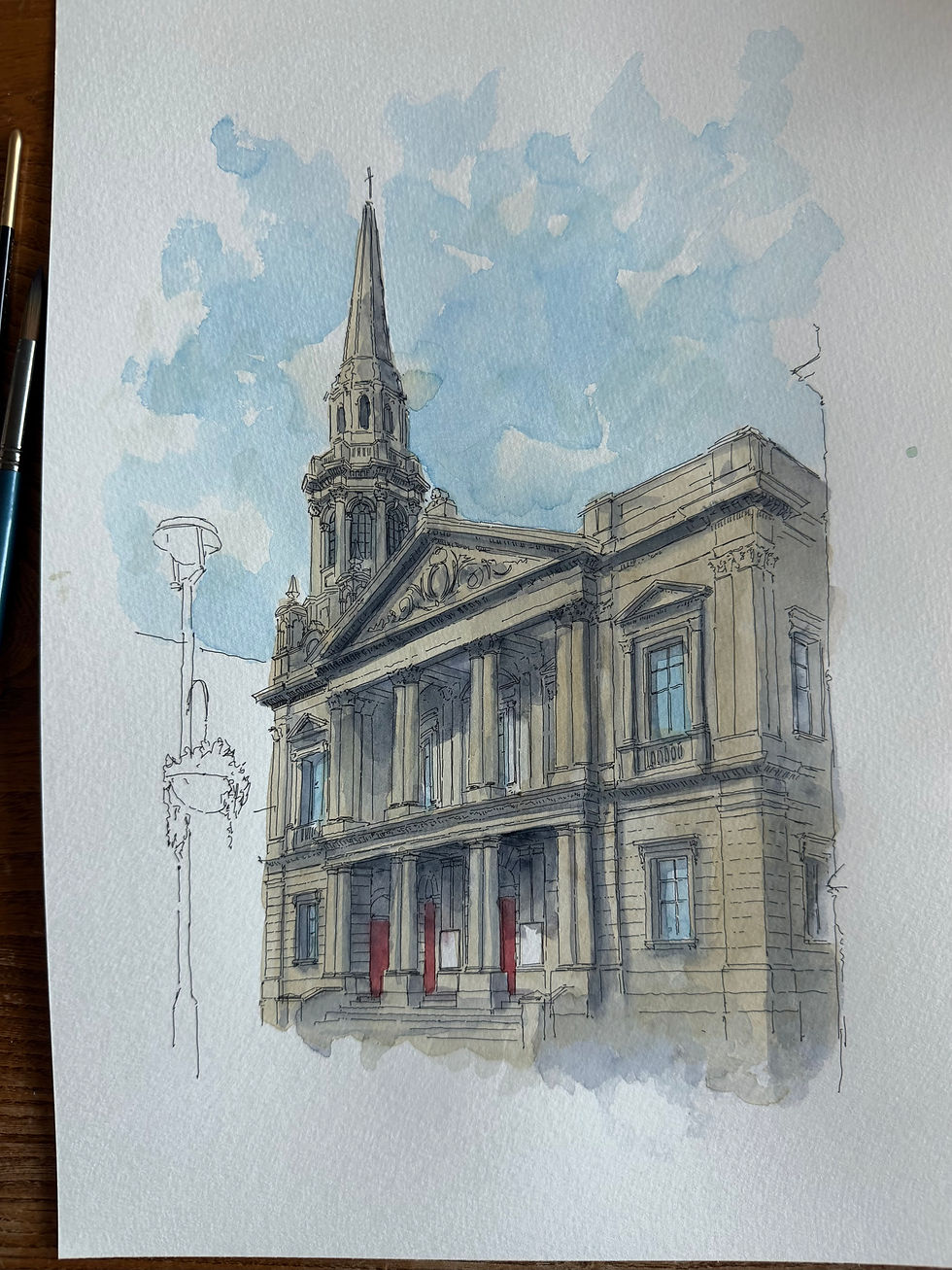 Watercolour of Hinde Street Methodist Church, Marylebone, London.
