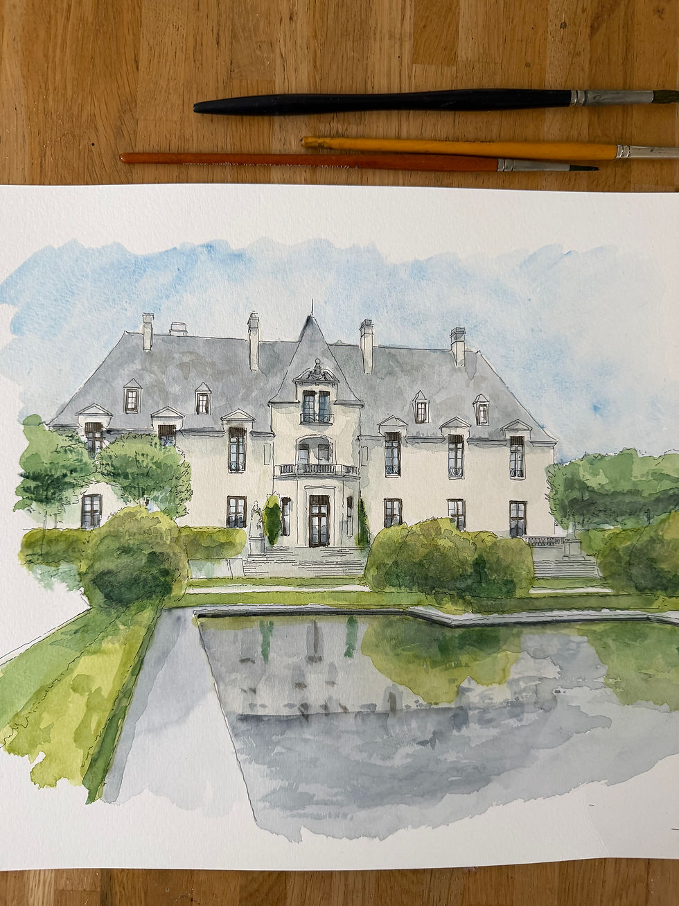 Watercolour of Oheka Castle, Long Island, New York. United States.