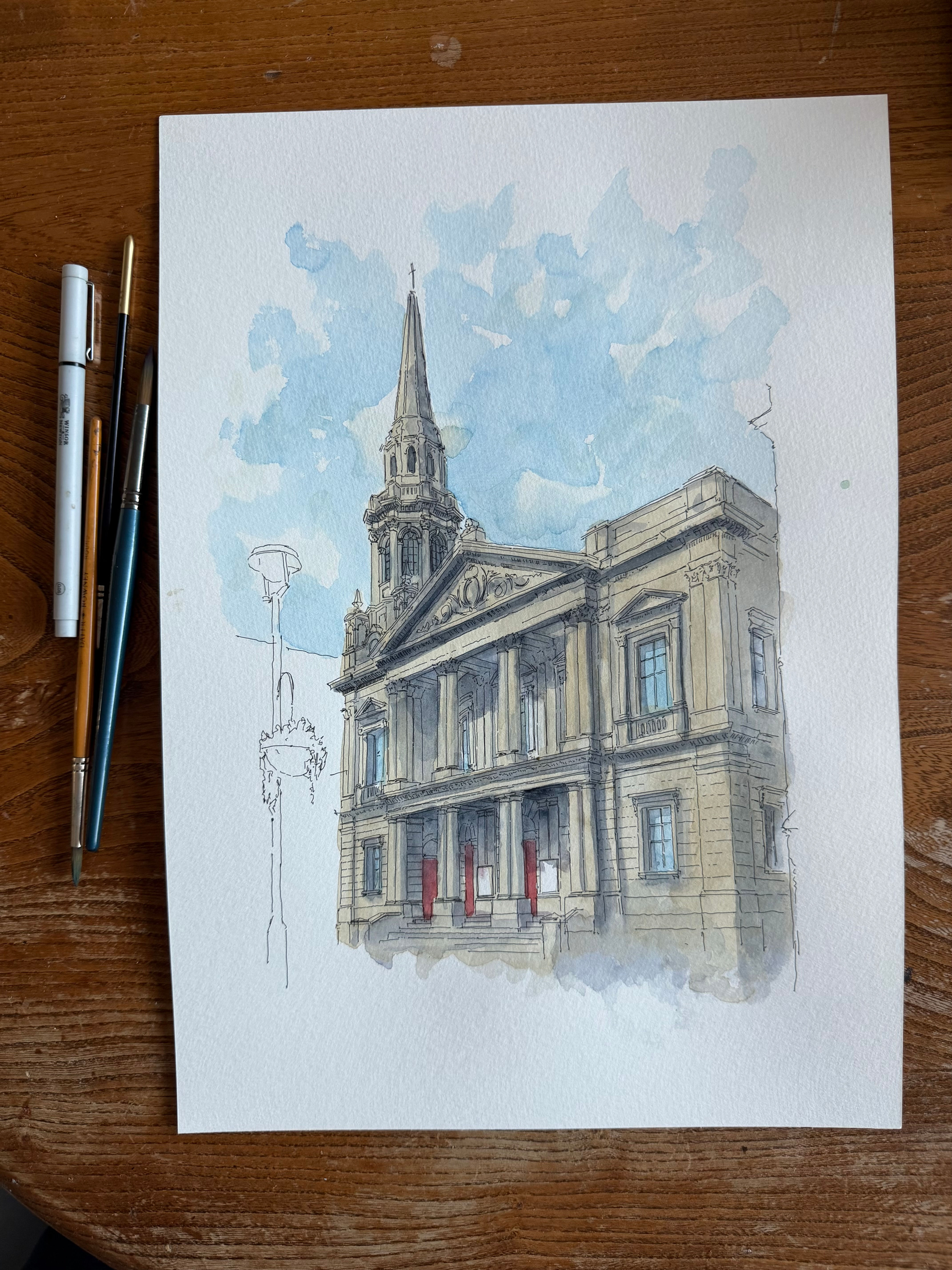 Watercolour of Hinde Street Methodist Church, Marylebone, London.