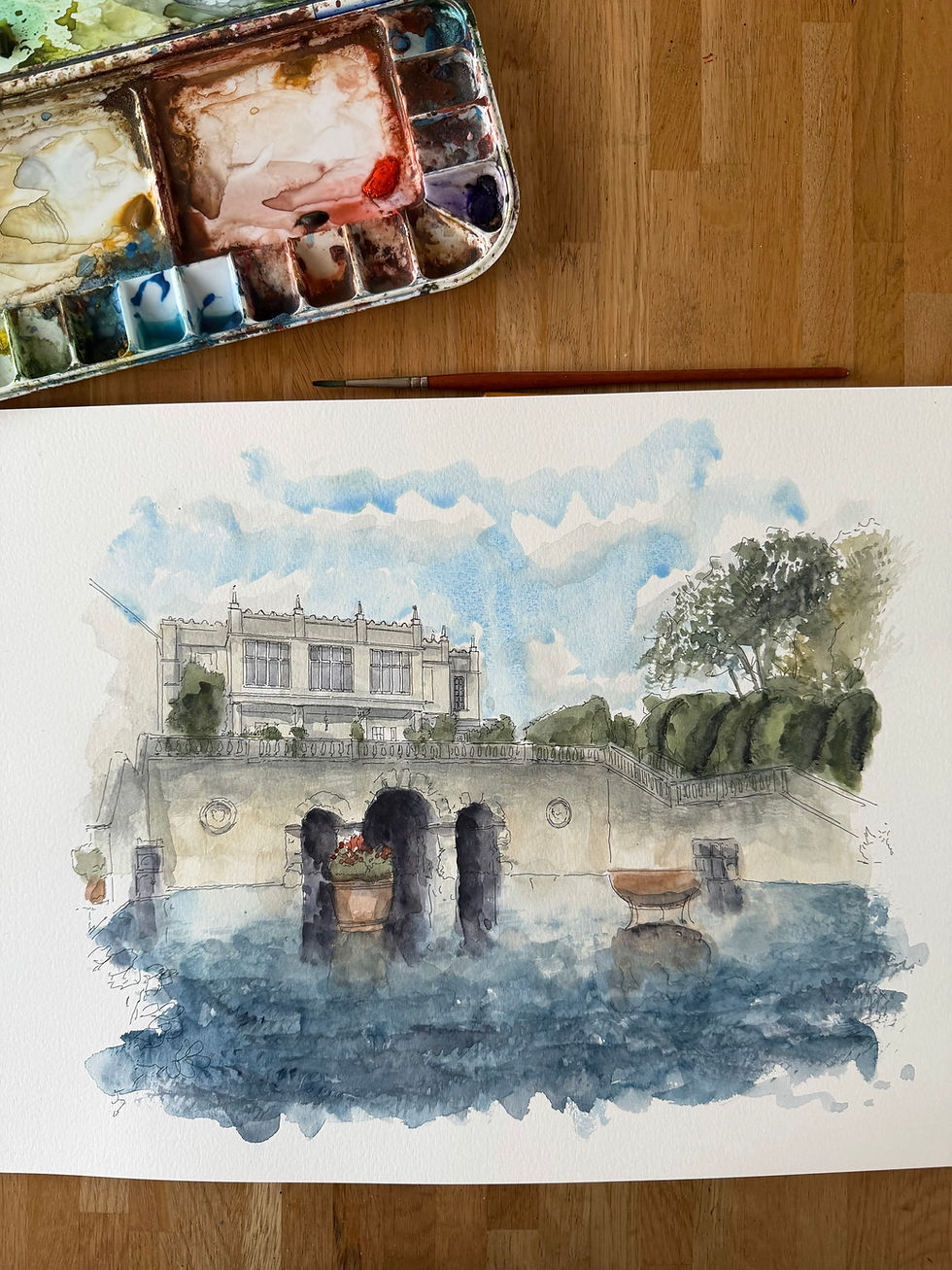 beautiful watercolour Euridge Manor Castle Combe