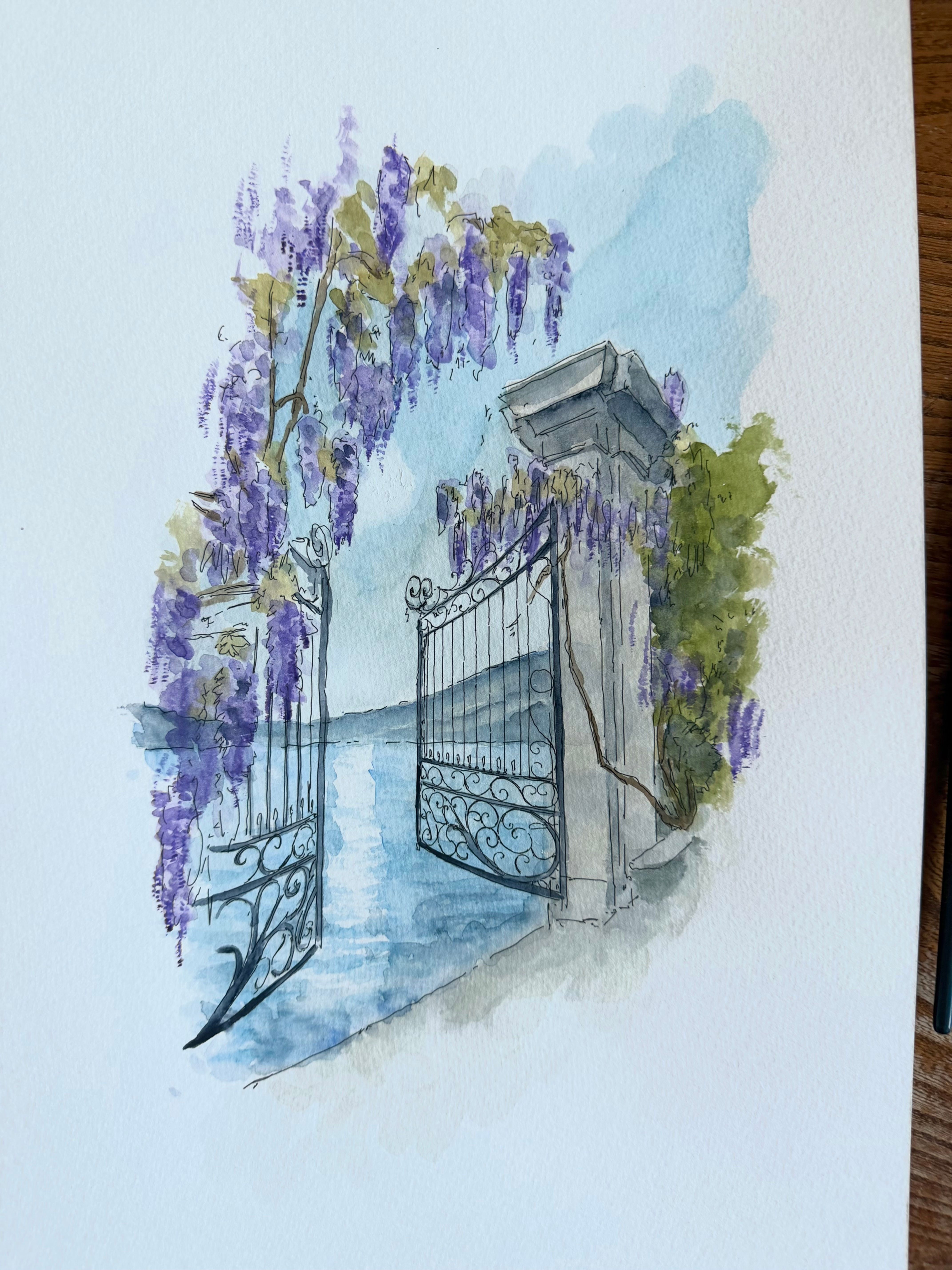 Watercolour of Villa Cipressi, Varenna, Lake Como, Italy.